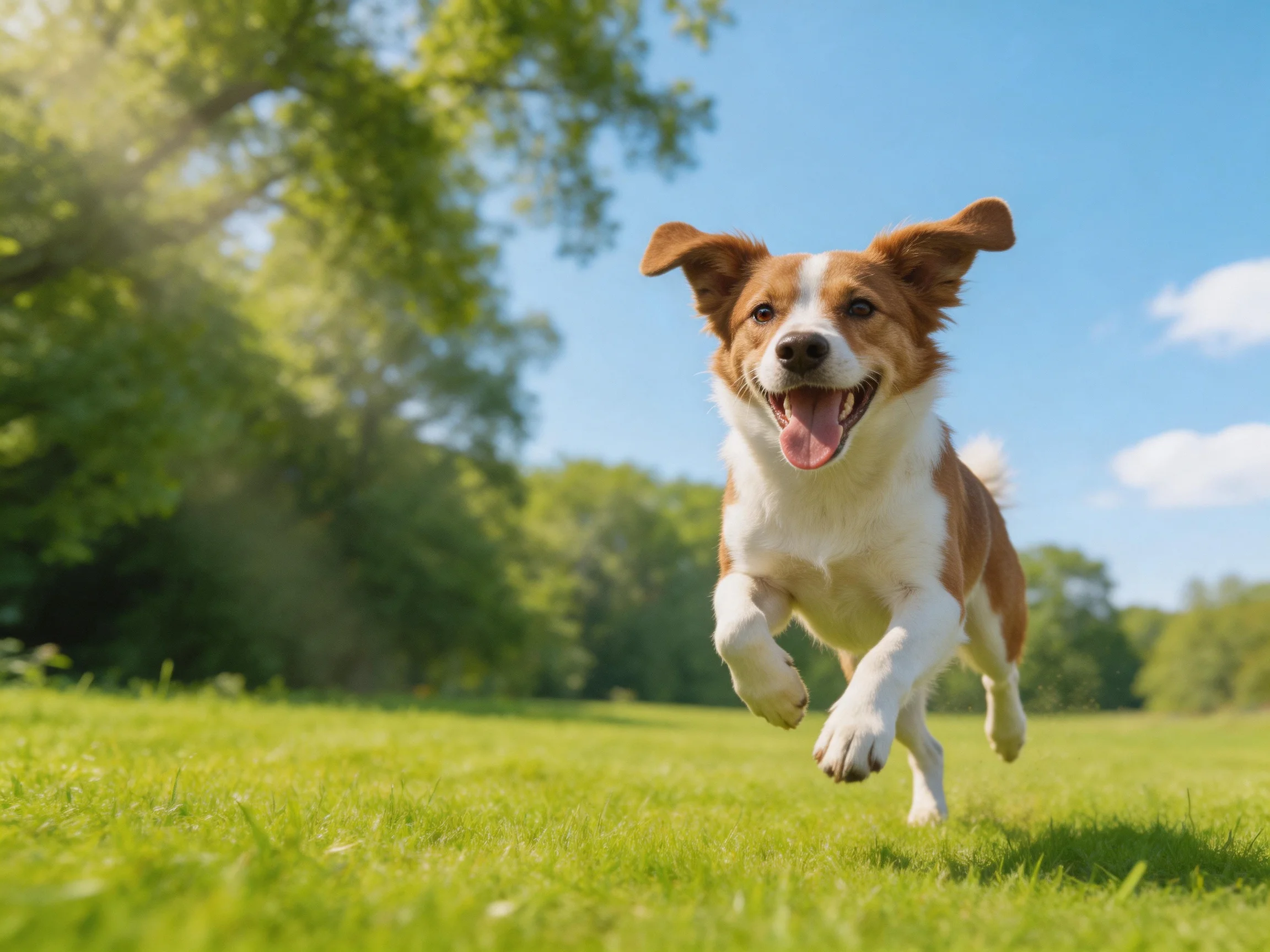 A happy brown-and-white dogruns joyfully in a sunny meadow.