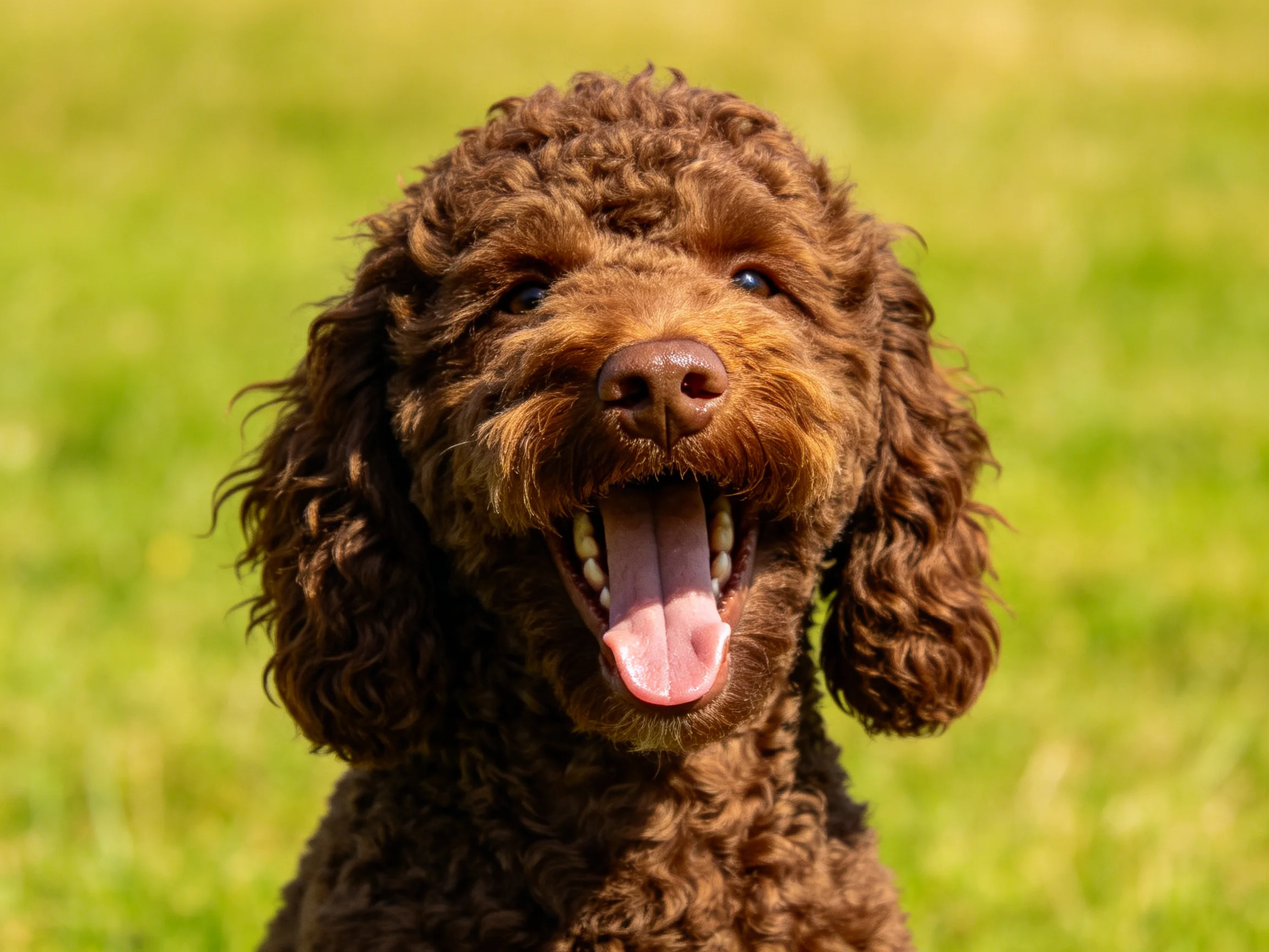 A joyful brown curly-haired dog in a sunny field