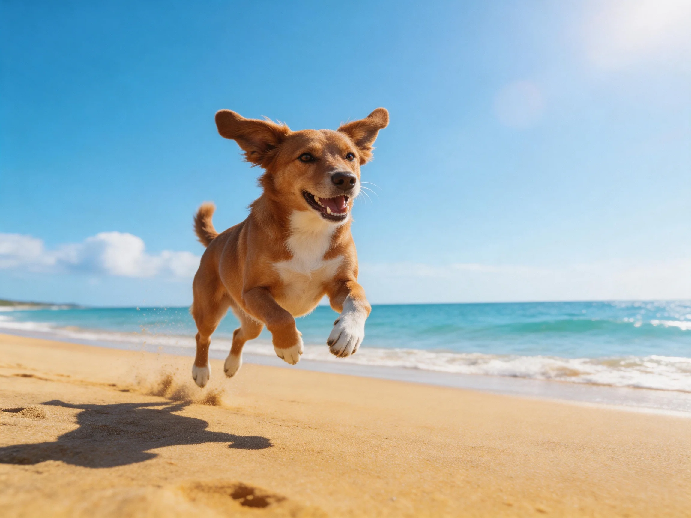 A joyful brown dog leaps along a sunny sandy shore