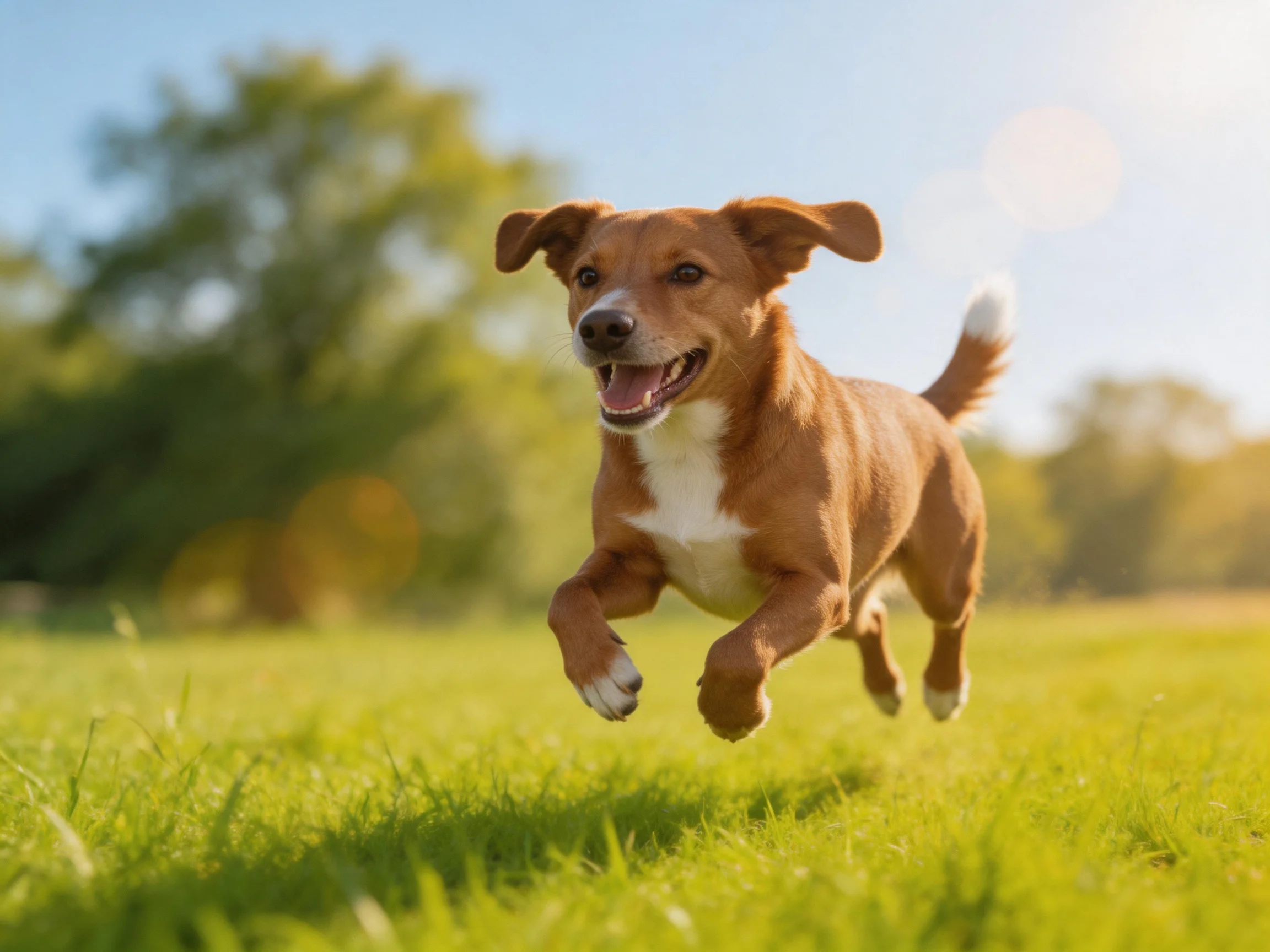 A joyful brown dog leaps over vibrant green grass under bright sunlight