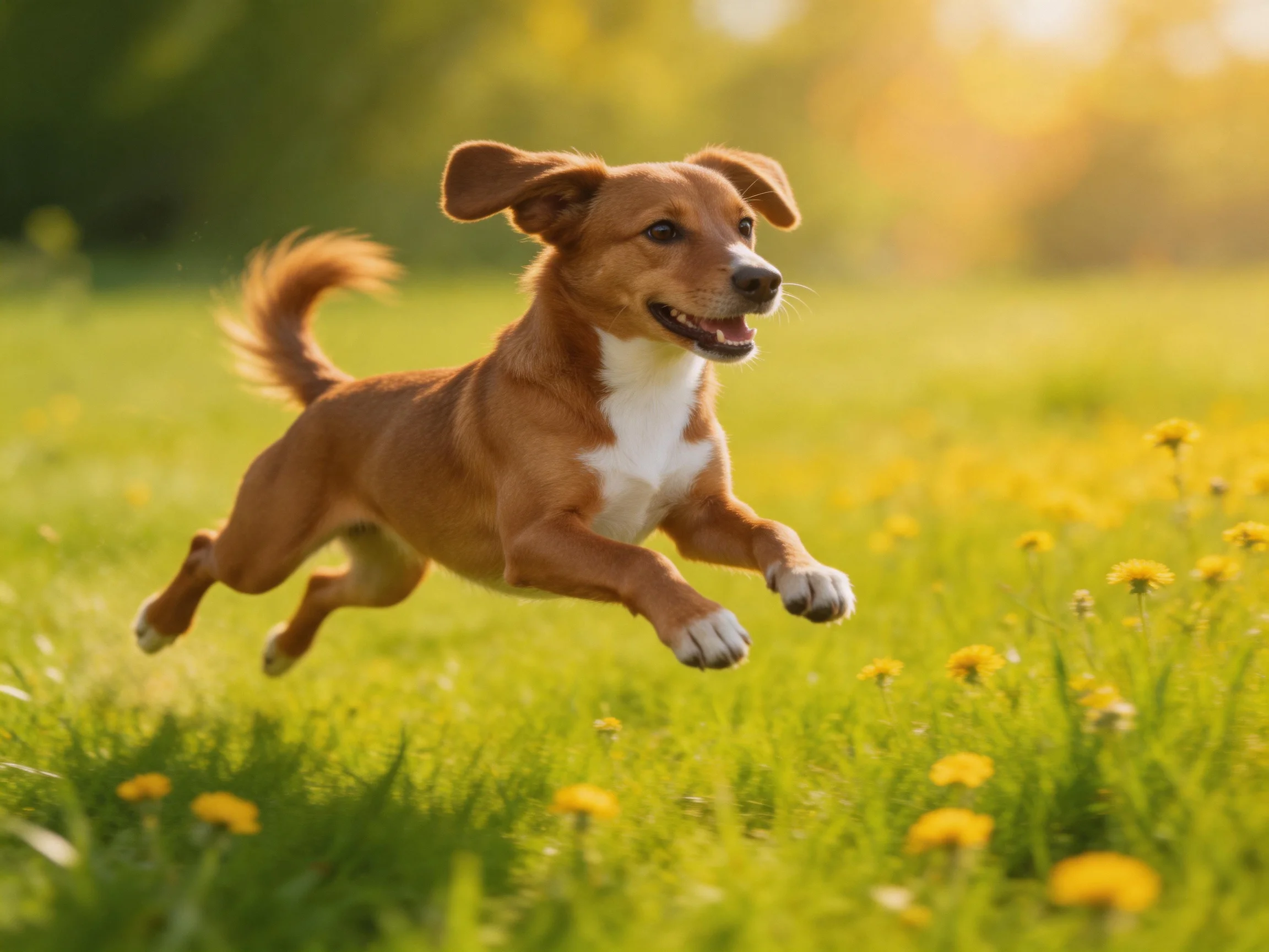 A joyful brown dog leaps through a sunlit meadow of yellow blooms.