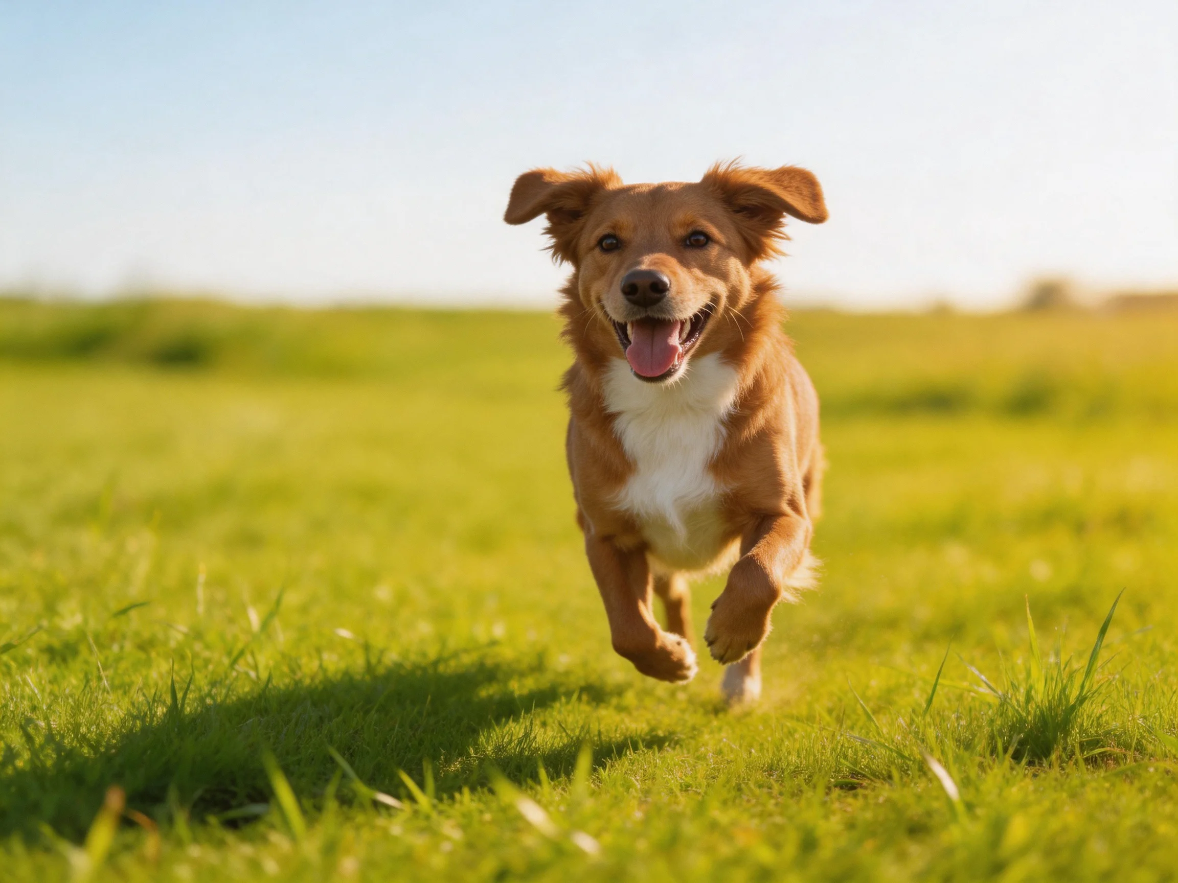 A joyful brown dog running through a sunlit green meadow