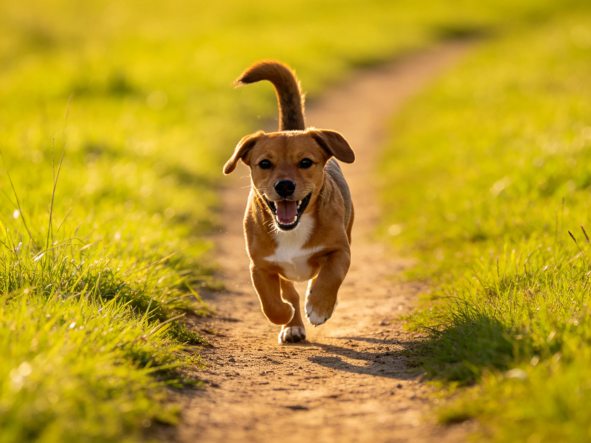 A joyful brown dog runs along a sunlit dirt path bordered by green grass