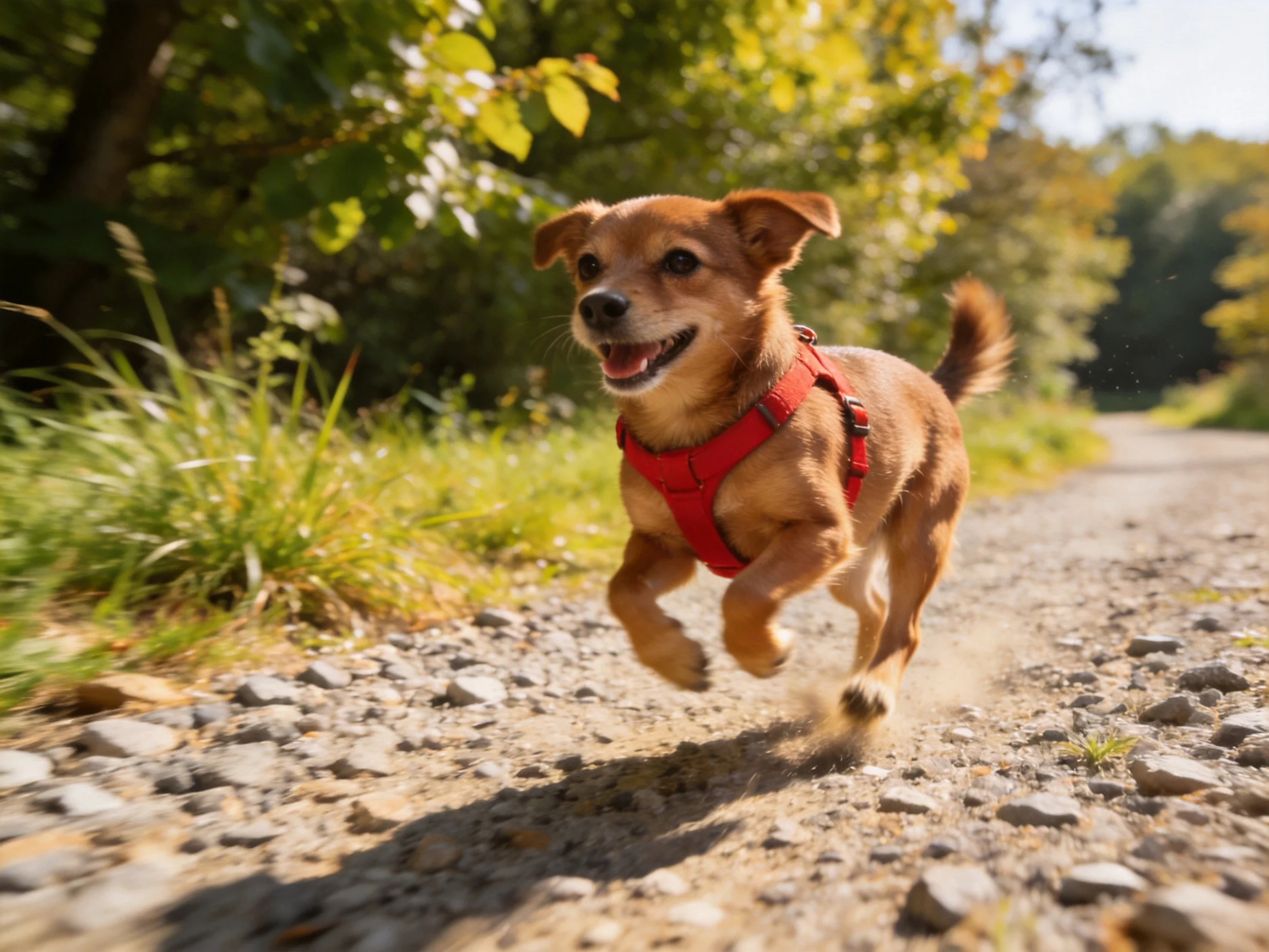 A joyful brown dog runs on a gravel path in sunny greenery