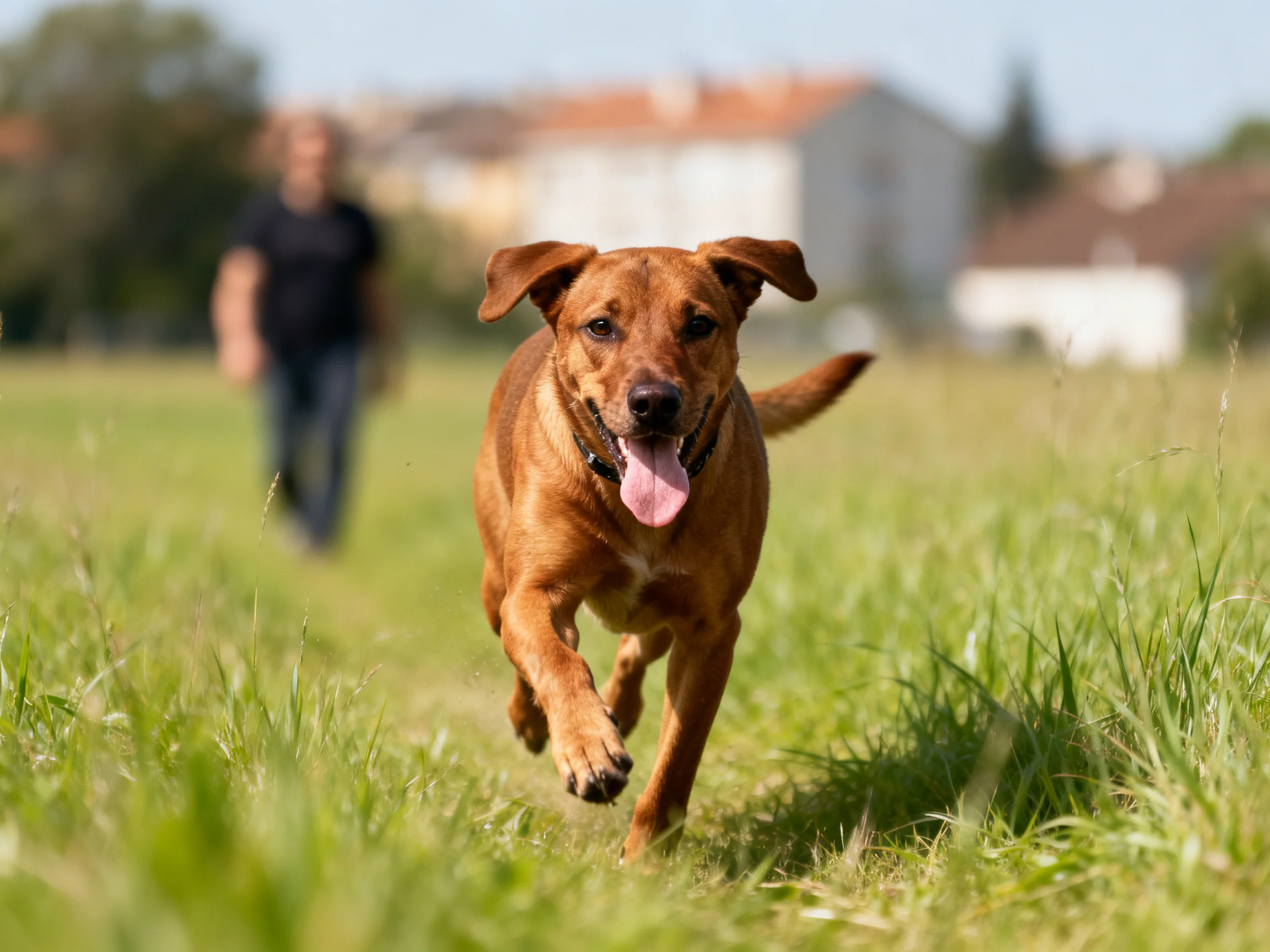 A brown dog runs joyfully through grass with a person following in the distance.
