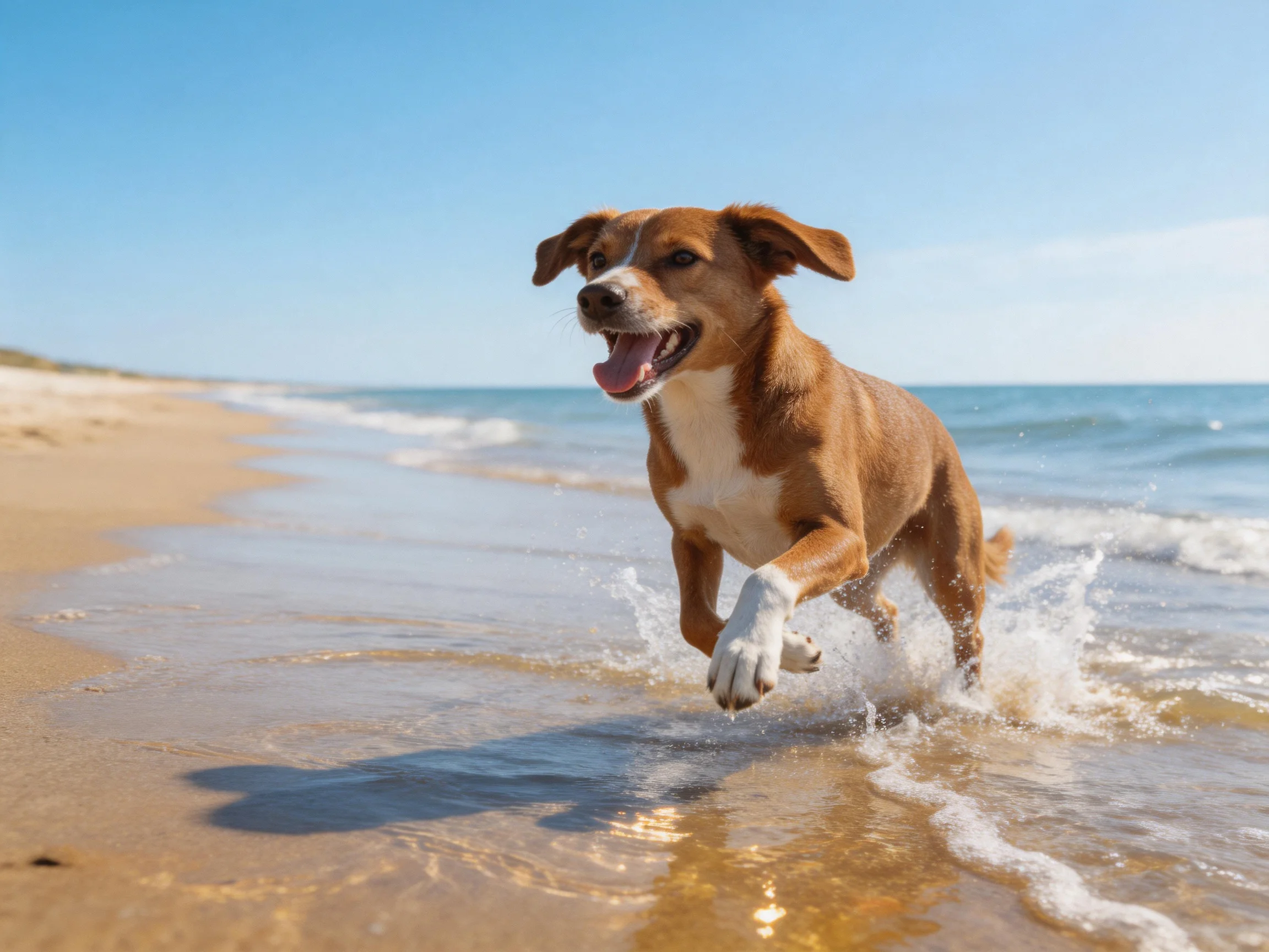 A joyful brown dog runs through ocean surf on a sunny beach