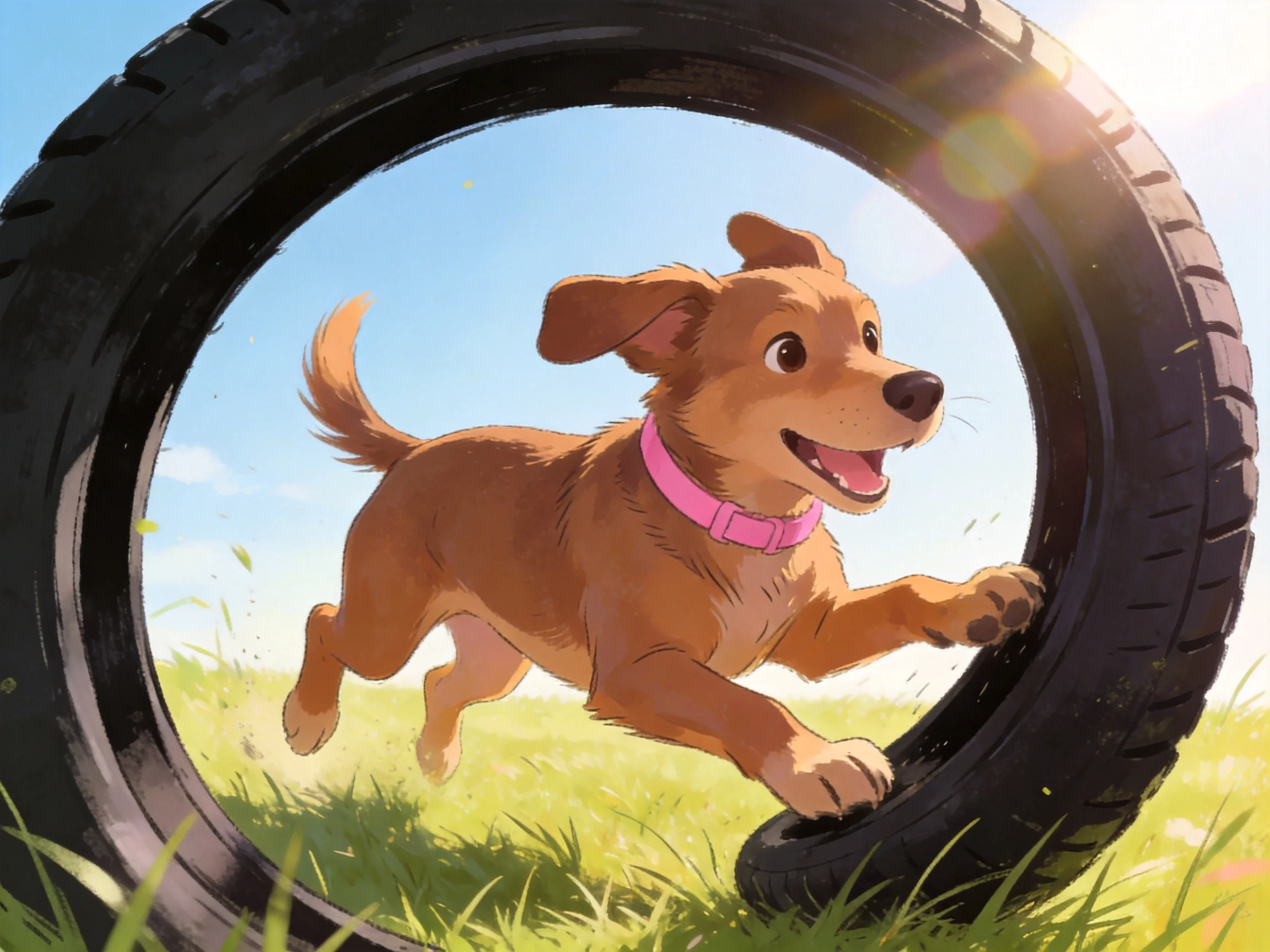 A joyful brown dog with a pink collar runs through a large black tire on green grass