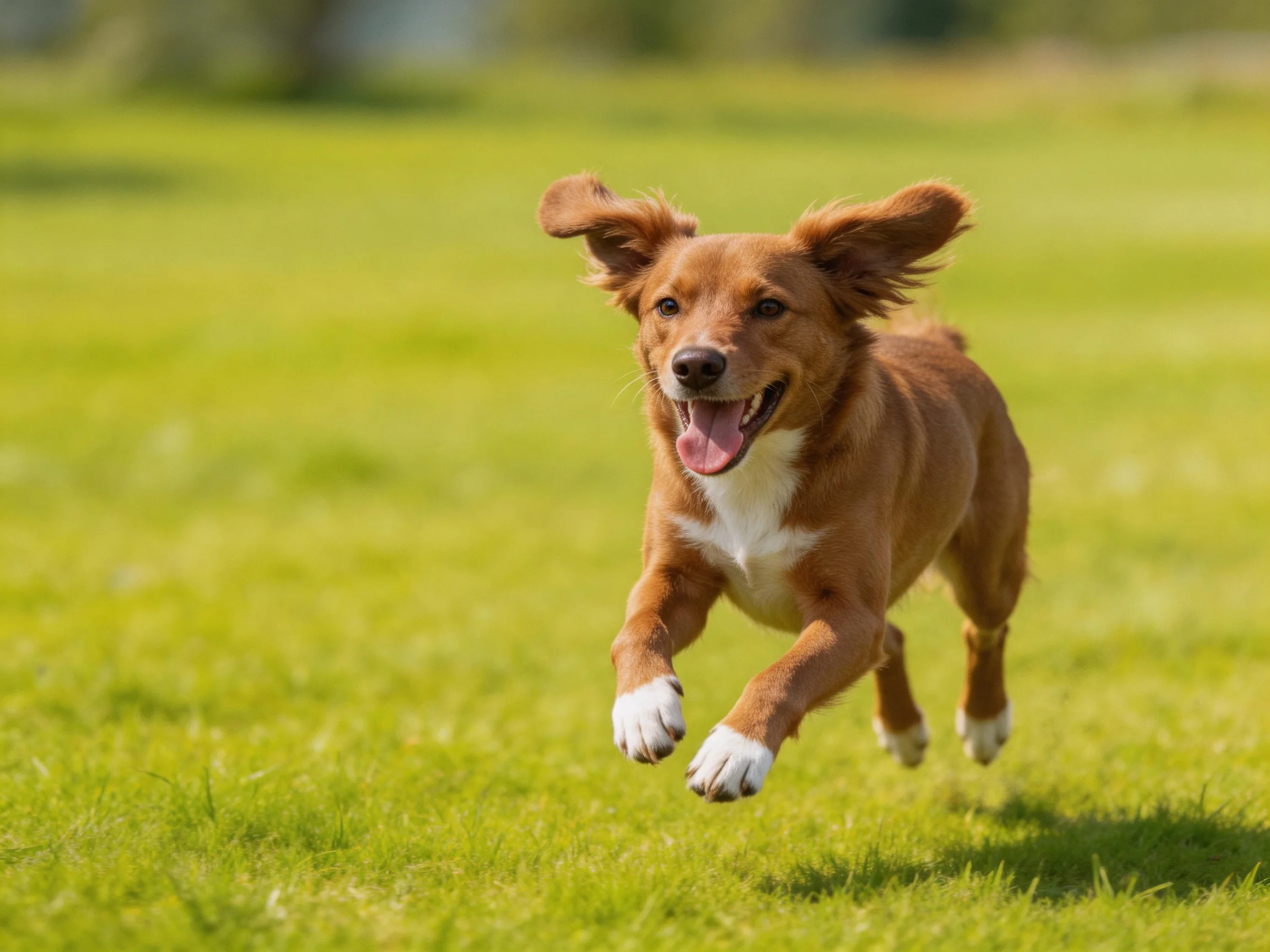A cheerful brown dog with white paws runs joyfully on a sunlit grassy field.