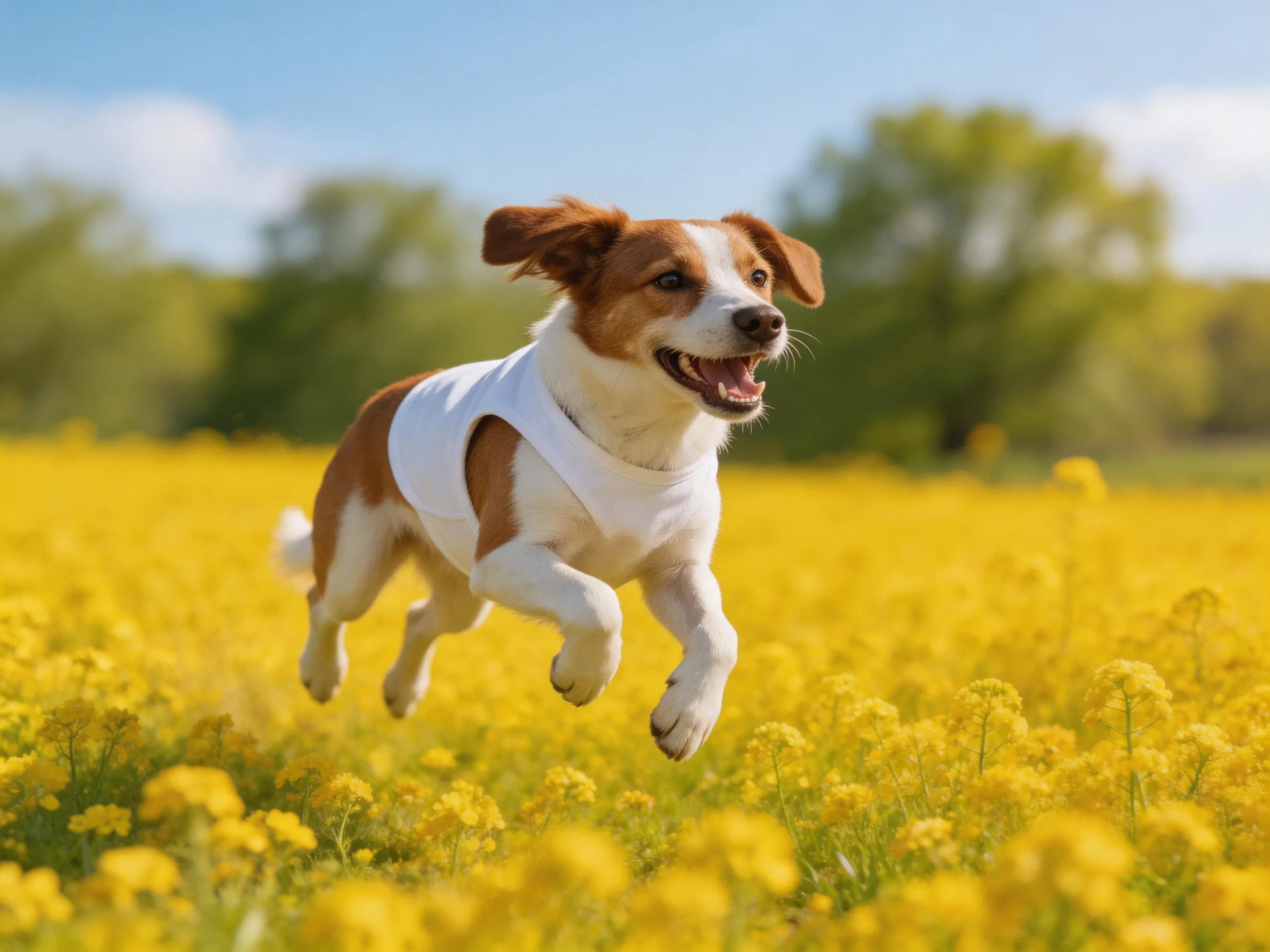 A joyful dog leaps through a bright yellow flower meadow