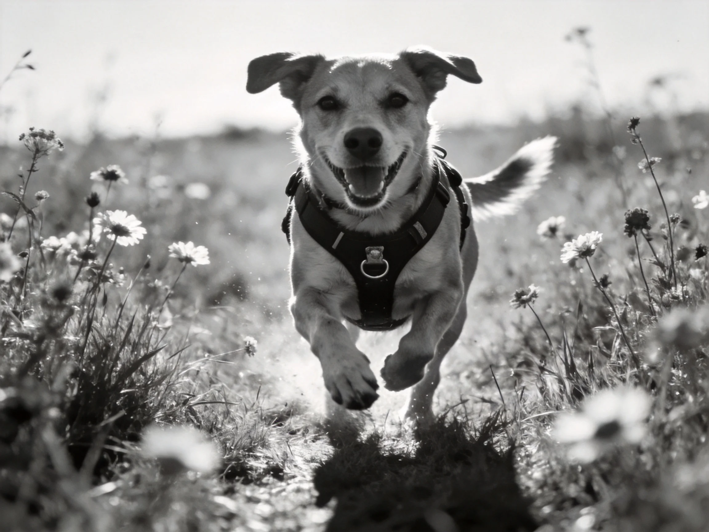A joyful dog runs through a flower-filled filled meadow in black and white