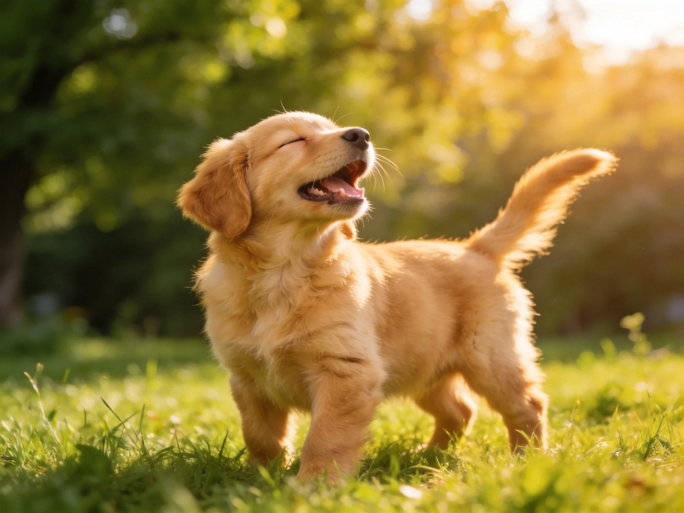 A joyful golden retriever puppy basking in sunlit green grass