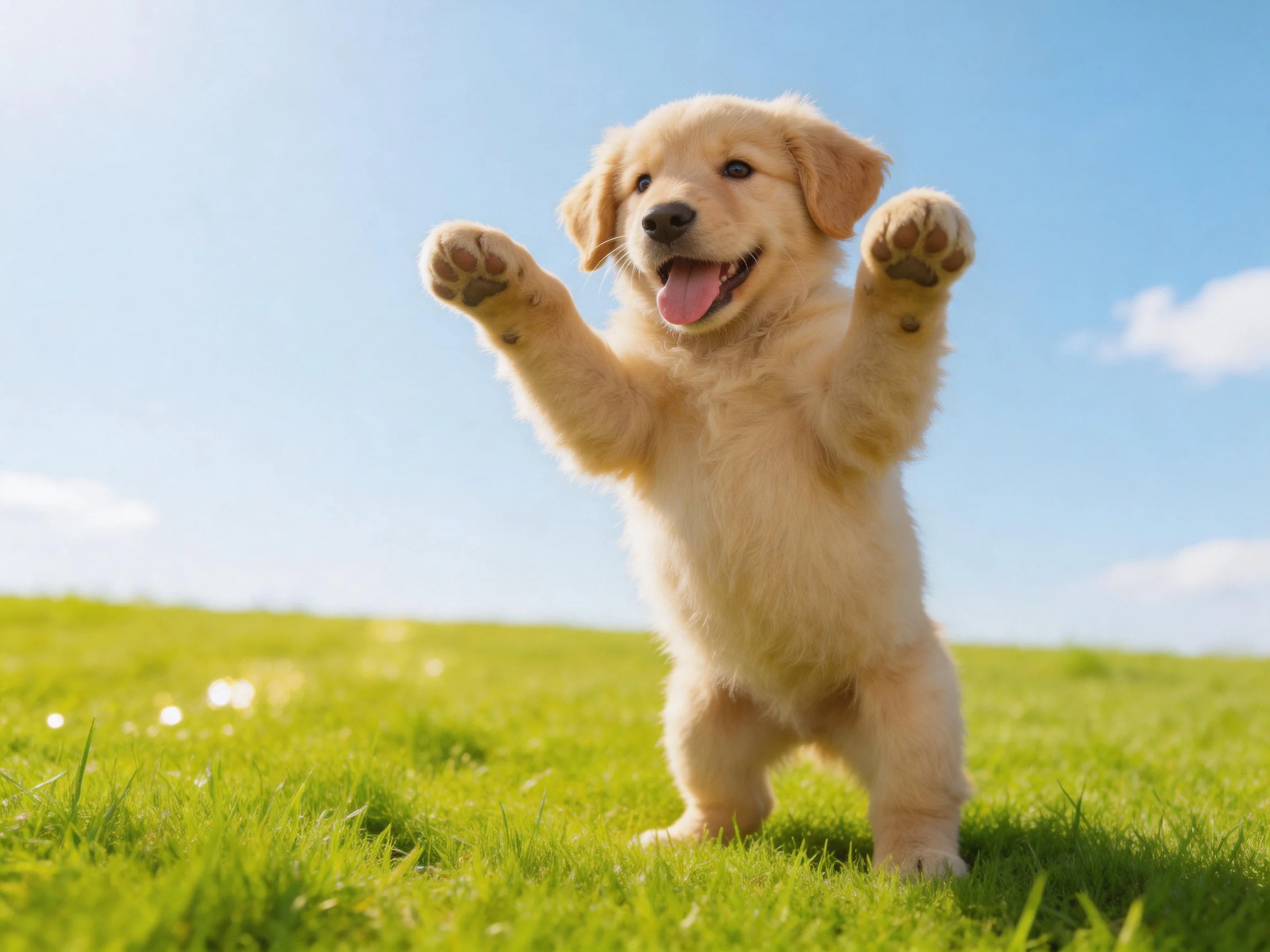 A joyful golden retriever puppy standing on green grass under clear blue sky