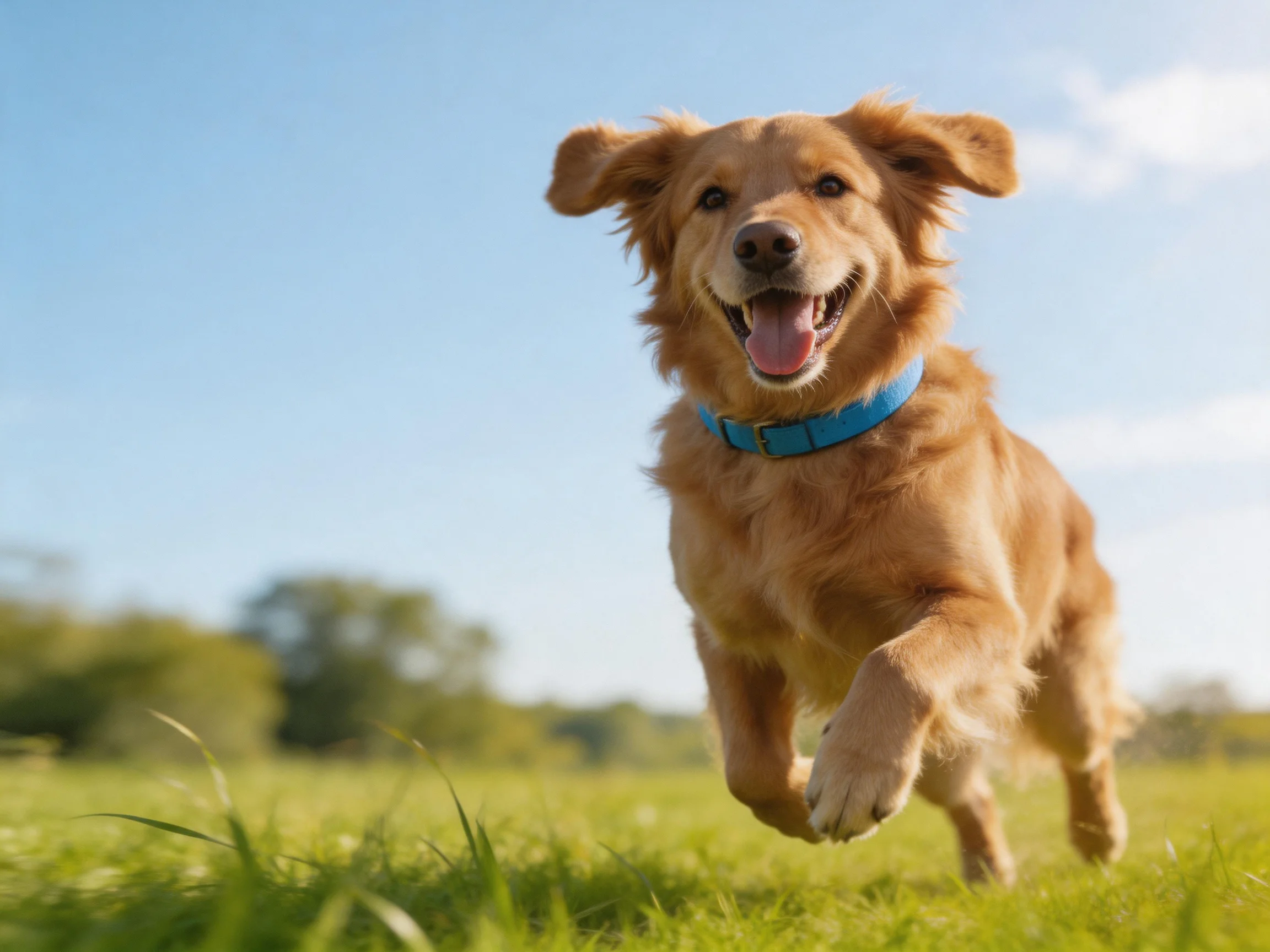 A joyful golden retriever runs through a sunny green meadow