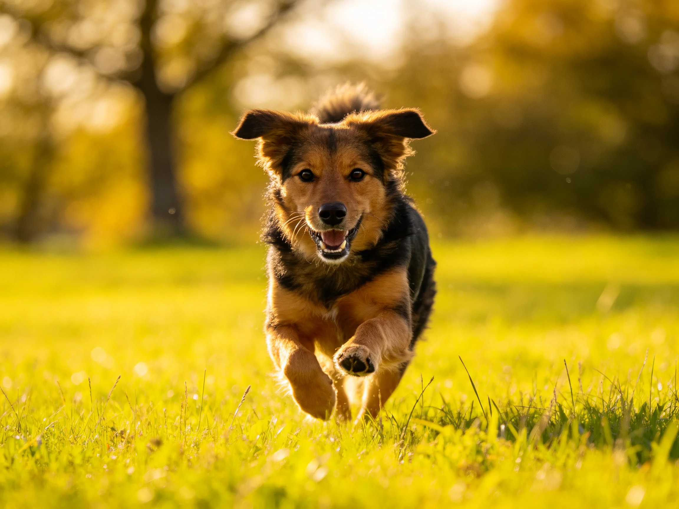 A joyful mixed-breed dog runs through sunlit golden grass