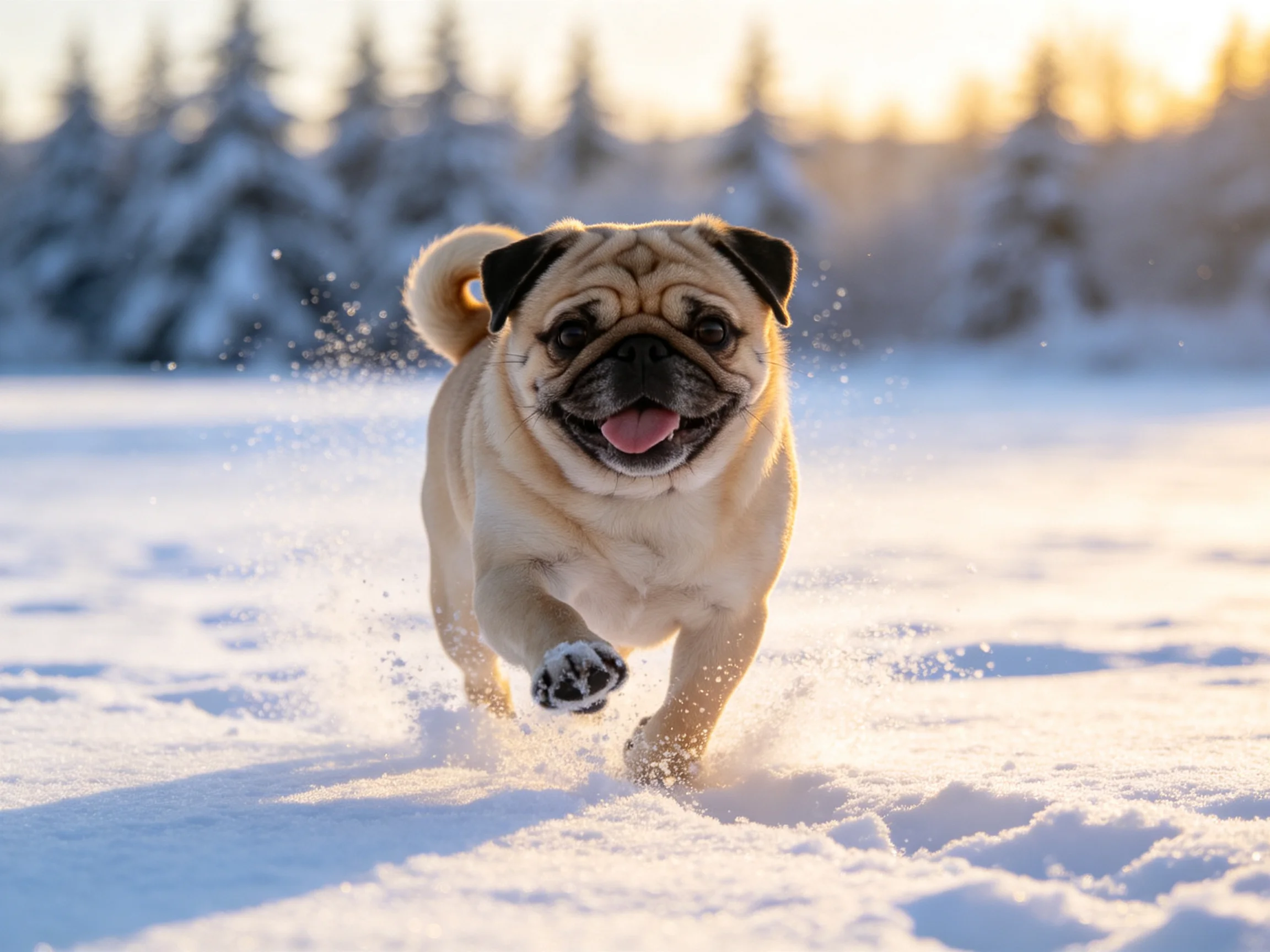 A joyful pug running through a bright snowy landscape