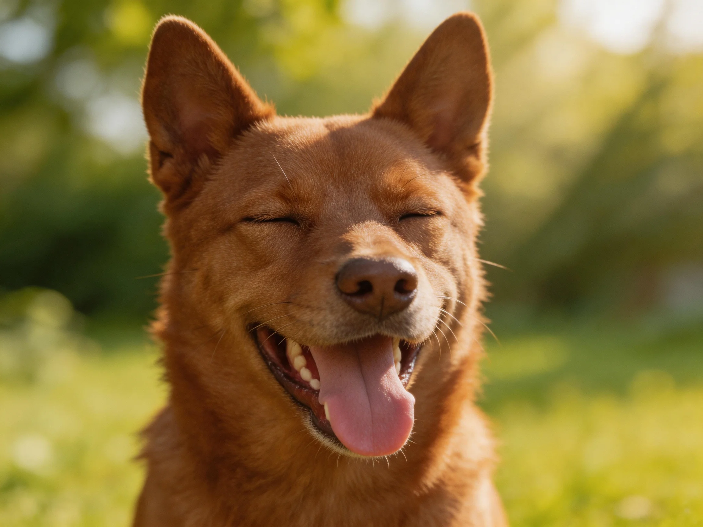 A reddish-brown dog enjoys a sunny day with closed eyes, appearing happy.