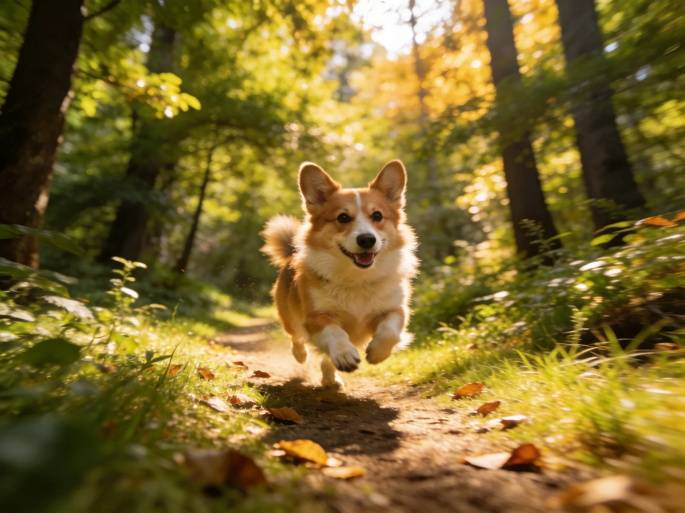 A joyful tan-and-white corgi dashes along a sunlit forest path with lush greenery