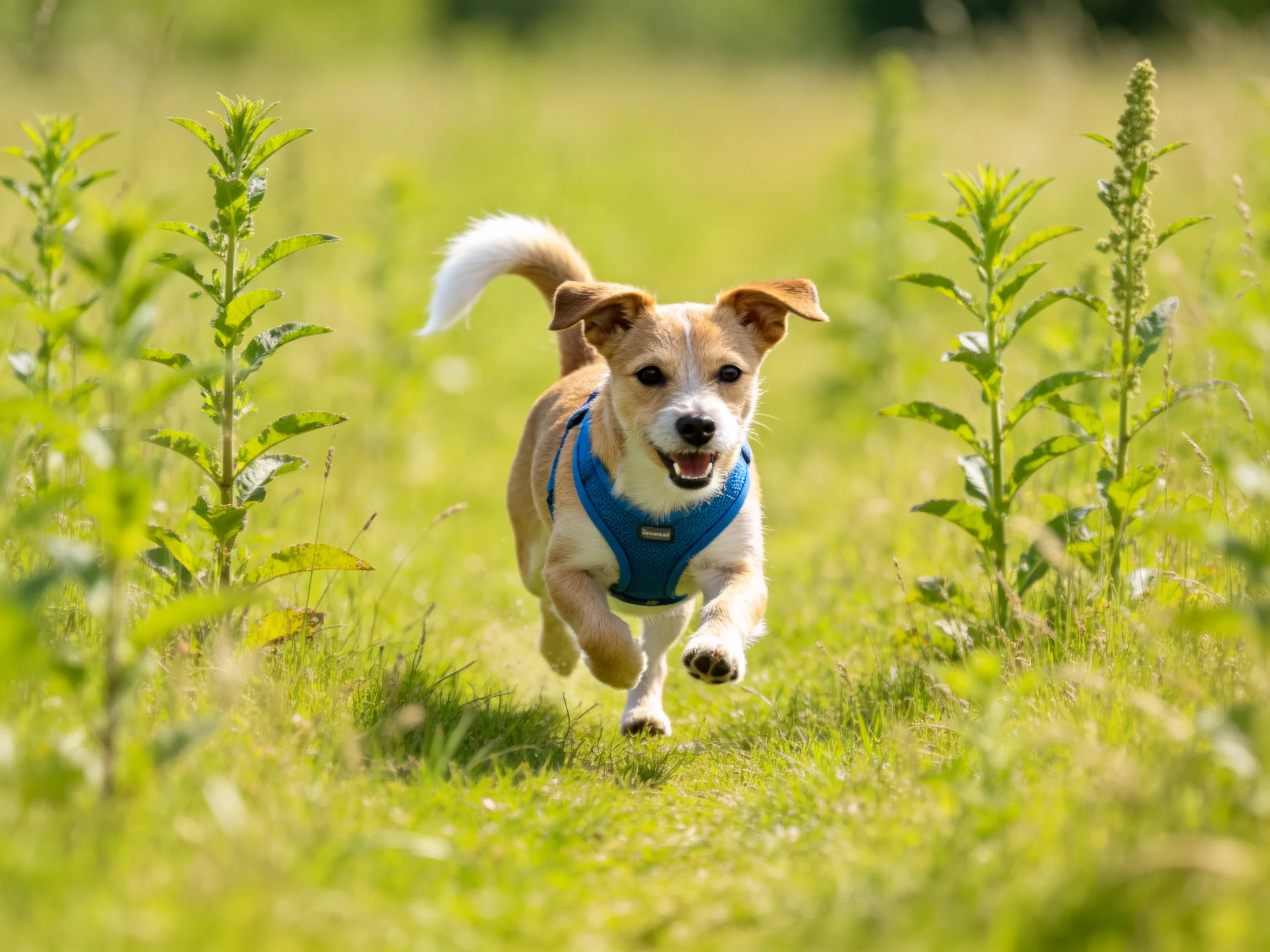 A joyful tan and white dog runs through a verdant meadow