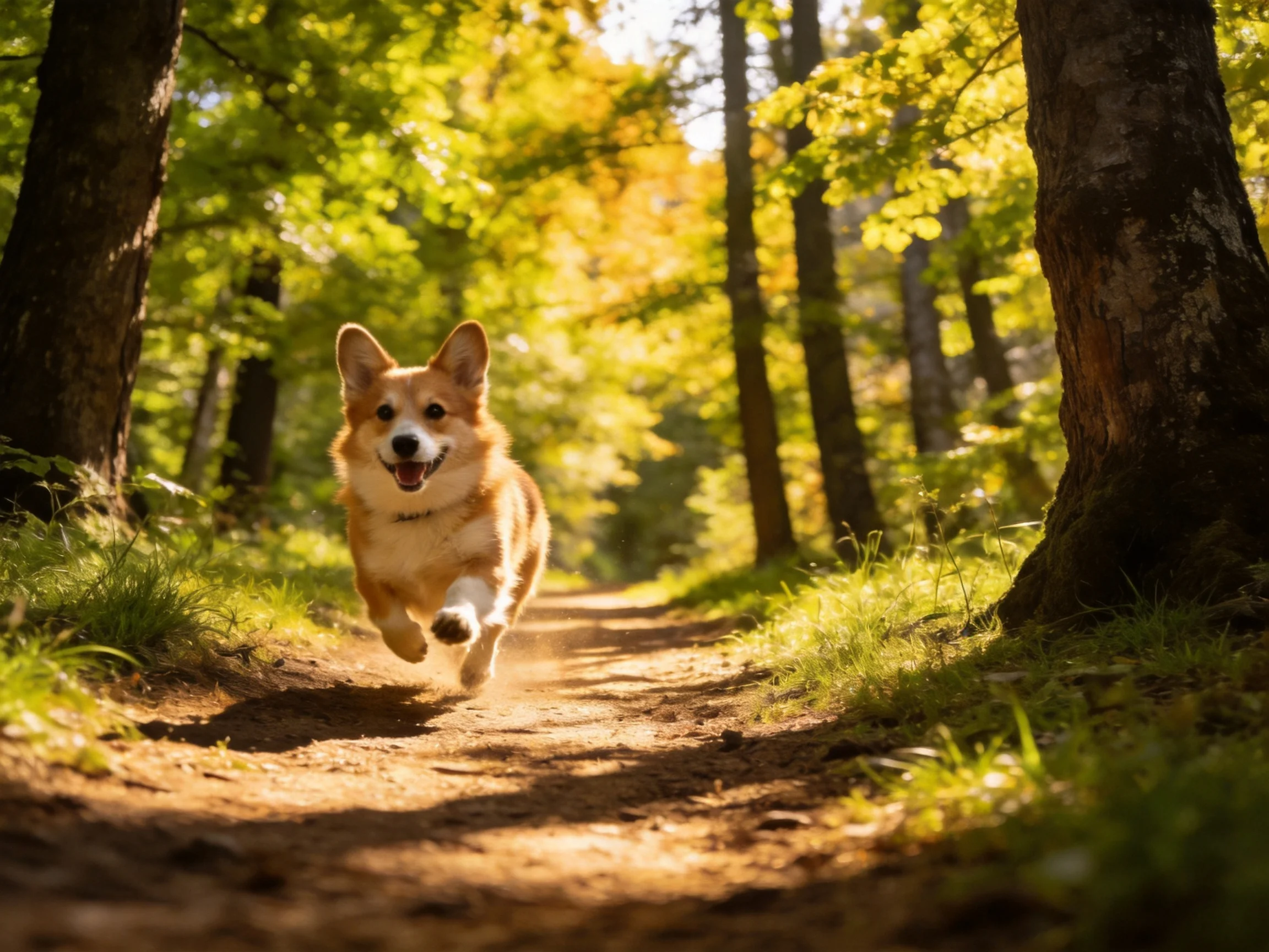 A corgi happily runs along a sunlit forest path.