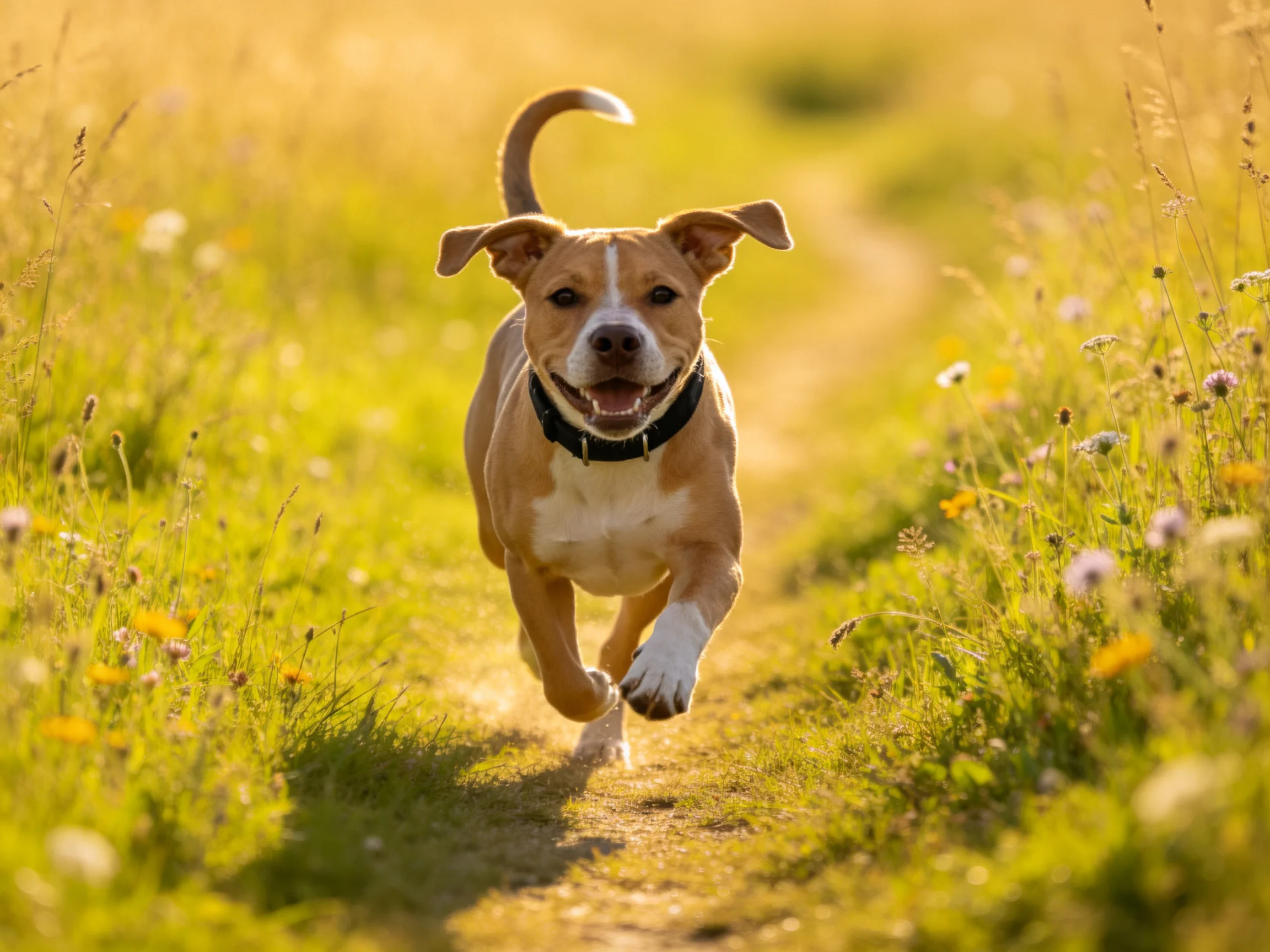A joyful tan dog runs through a sunlit wildflower meadow
