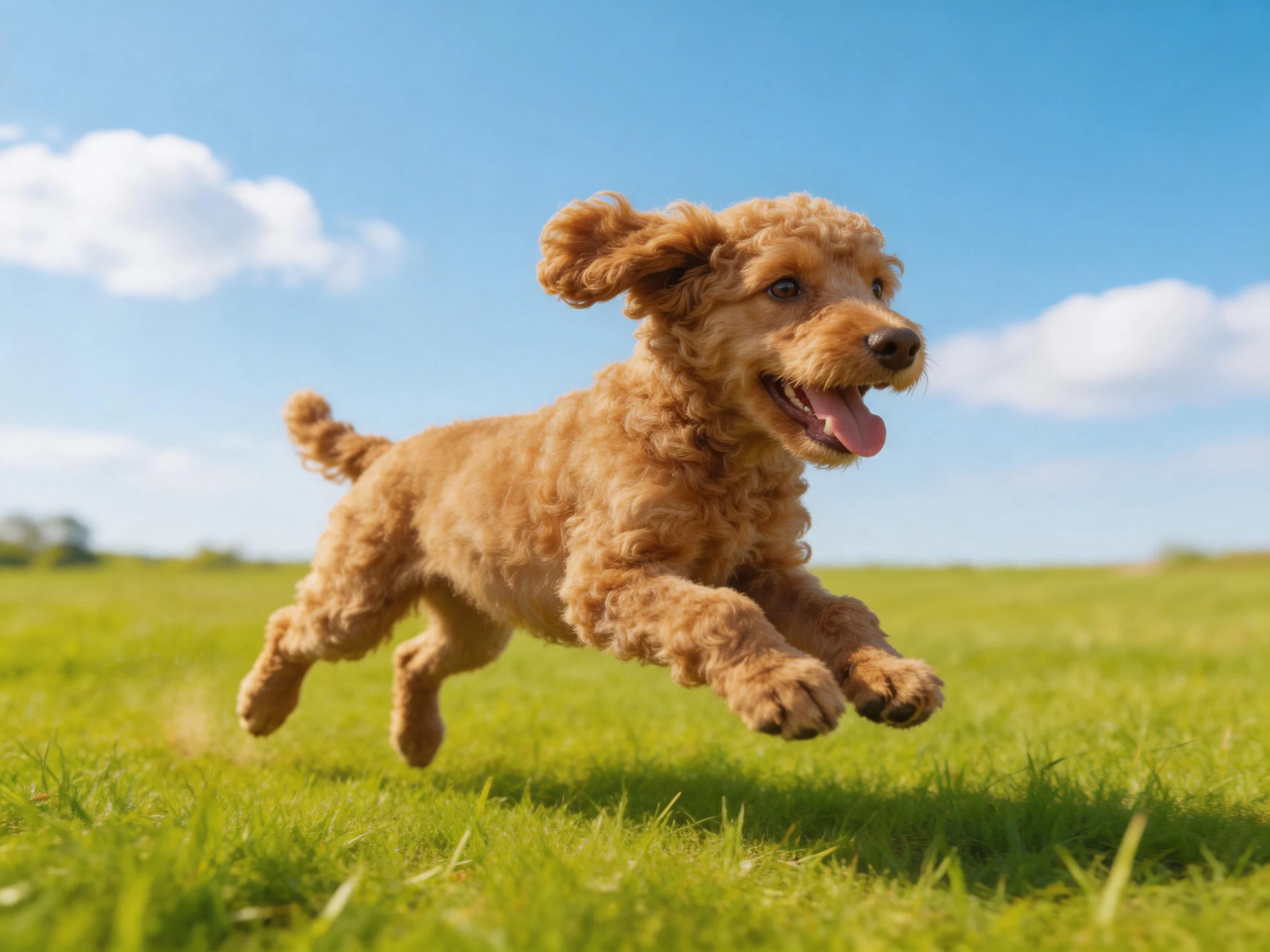 A joyful tan poodle leaping across a bright green meadow