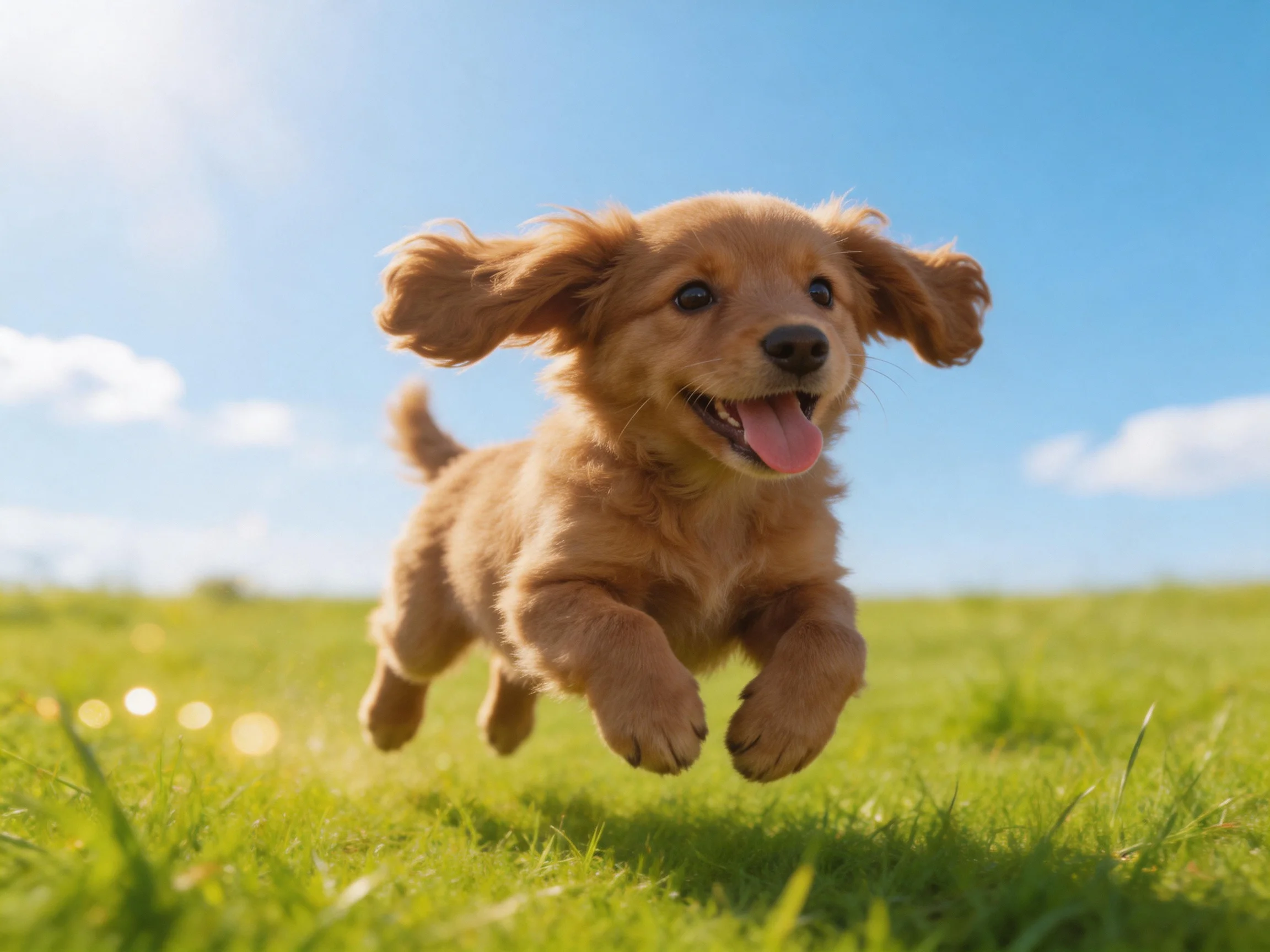 A joyful tan puppy leaps over lush green grass under bright blue sky