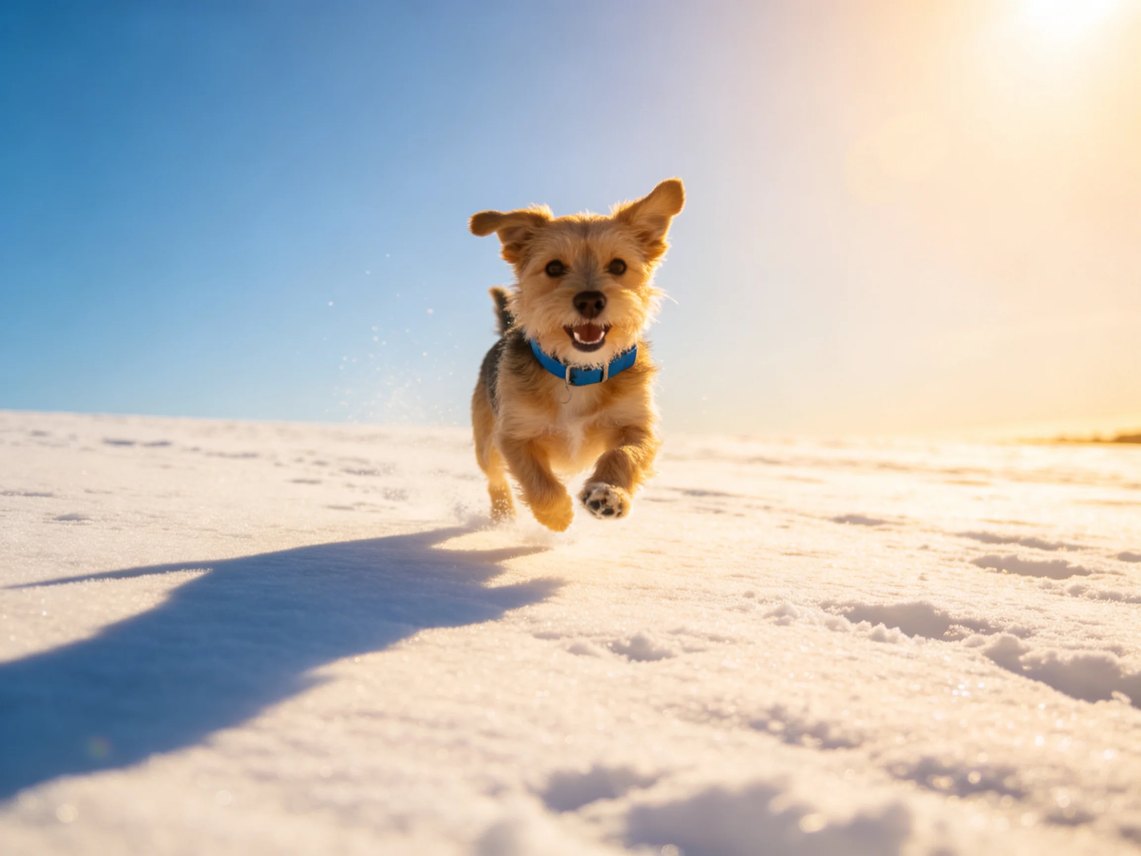 A joyful terrier runs through glistening snow under sunny skies