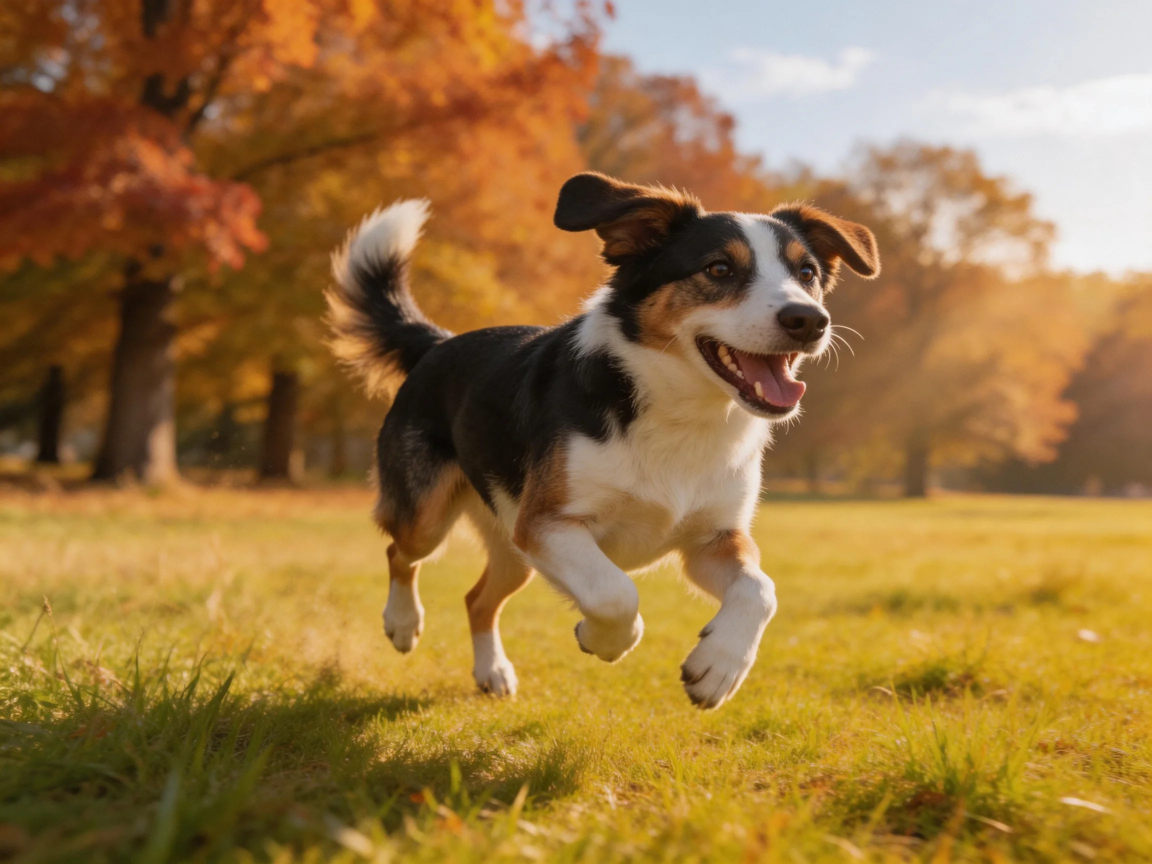 A joyful tri-colored dog runs through golden autumn fields