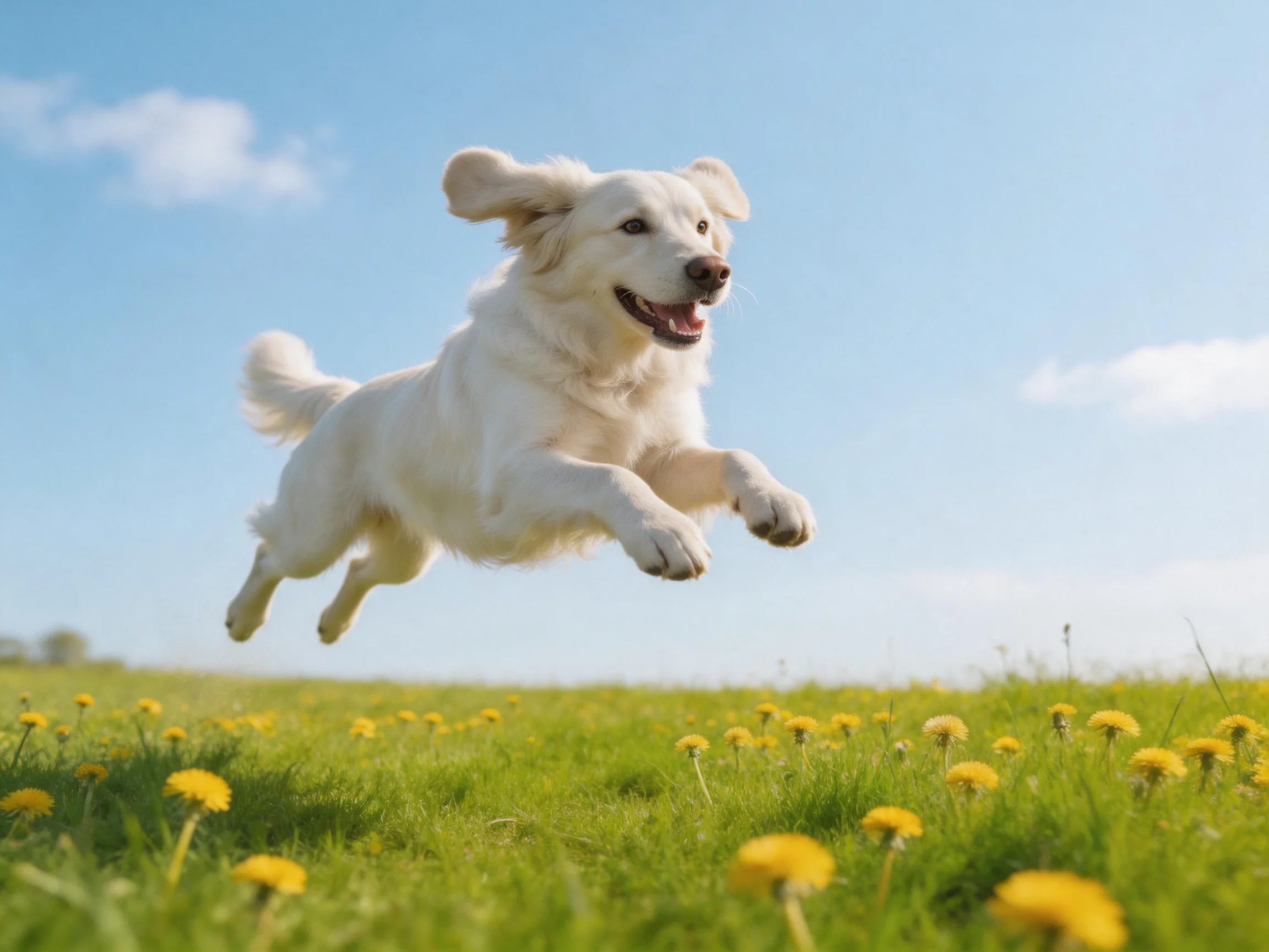 A joyful white dog leaps over a field of yellow dandelions under bright blue sky