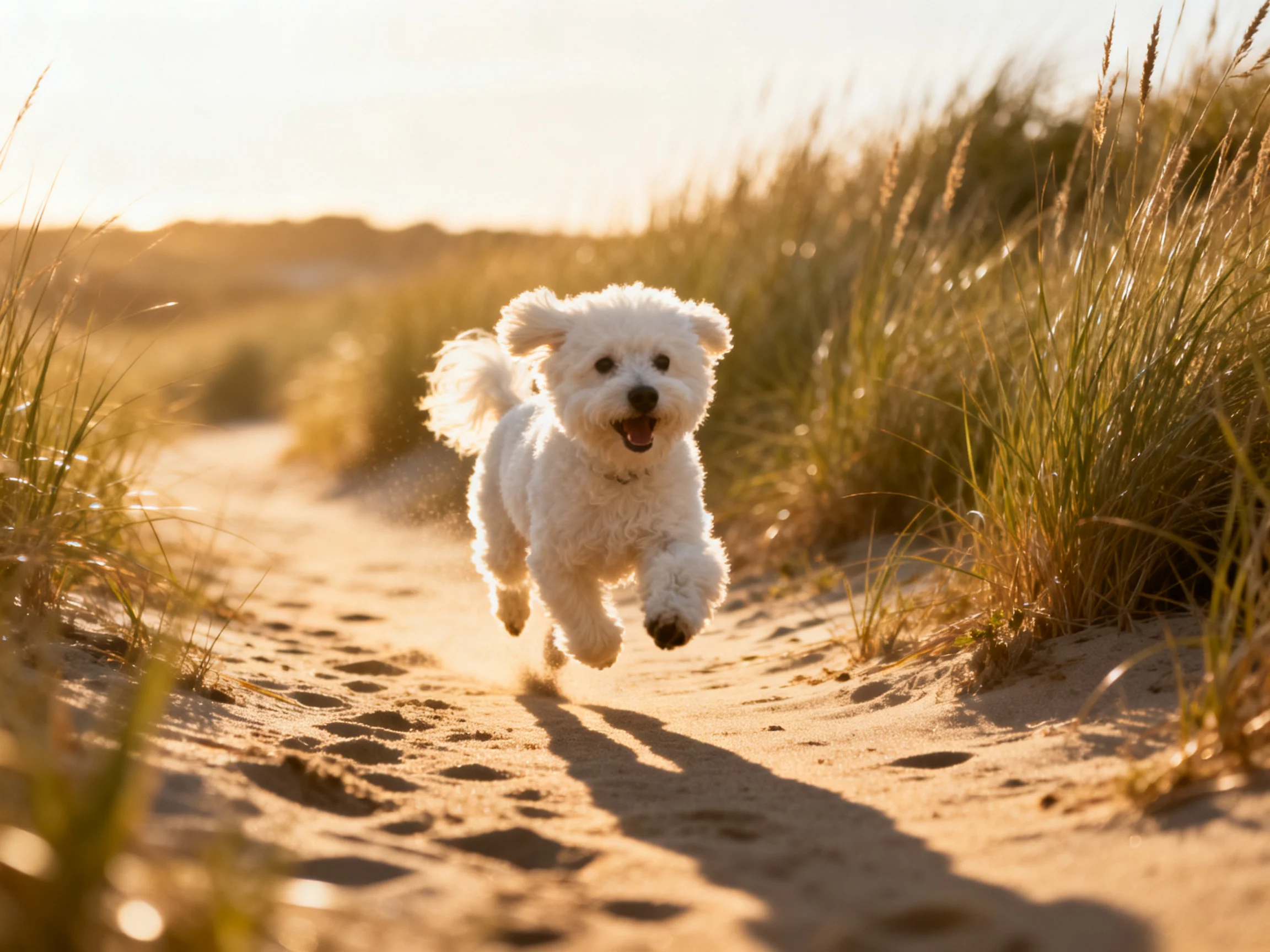 A joyful white dog running on a sandy coastal trail