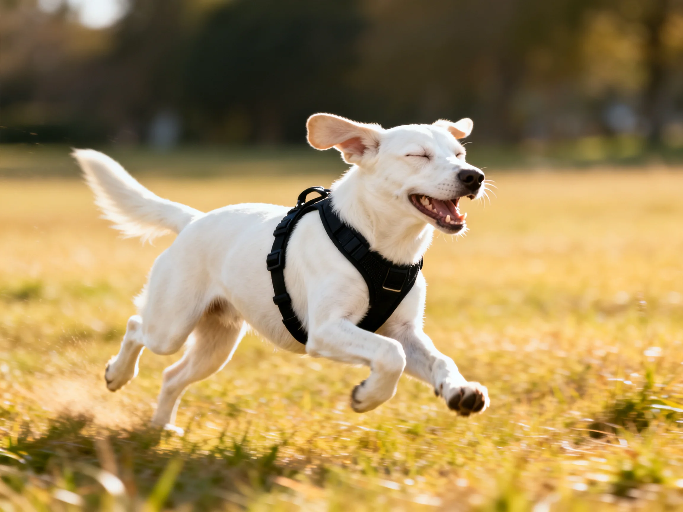 A joyful white dog runs through a sunlit grassy field