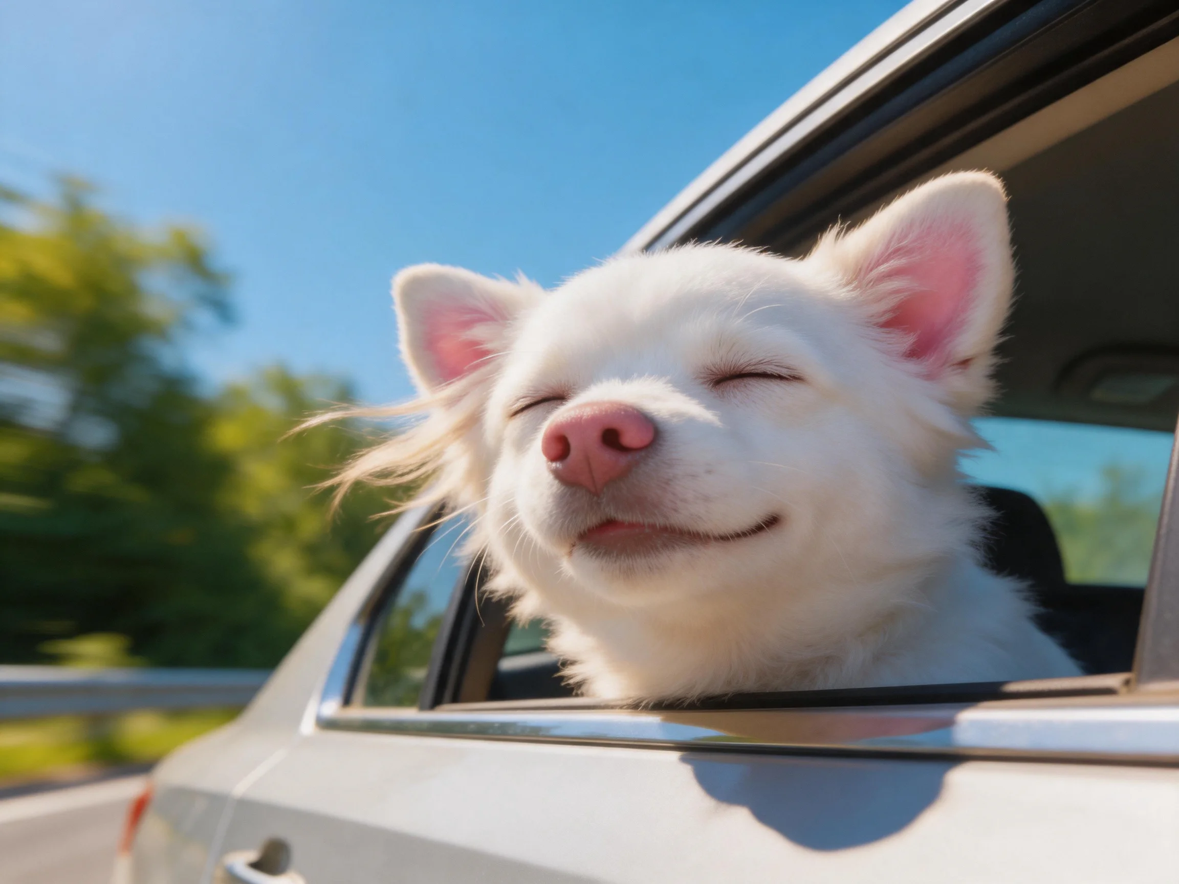 A joyful white dog sticks out its head from an open car window on a sunny day