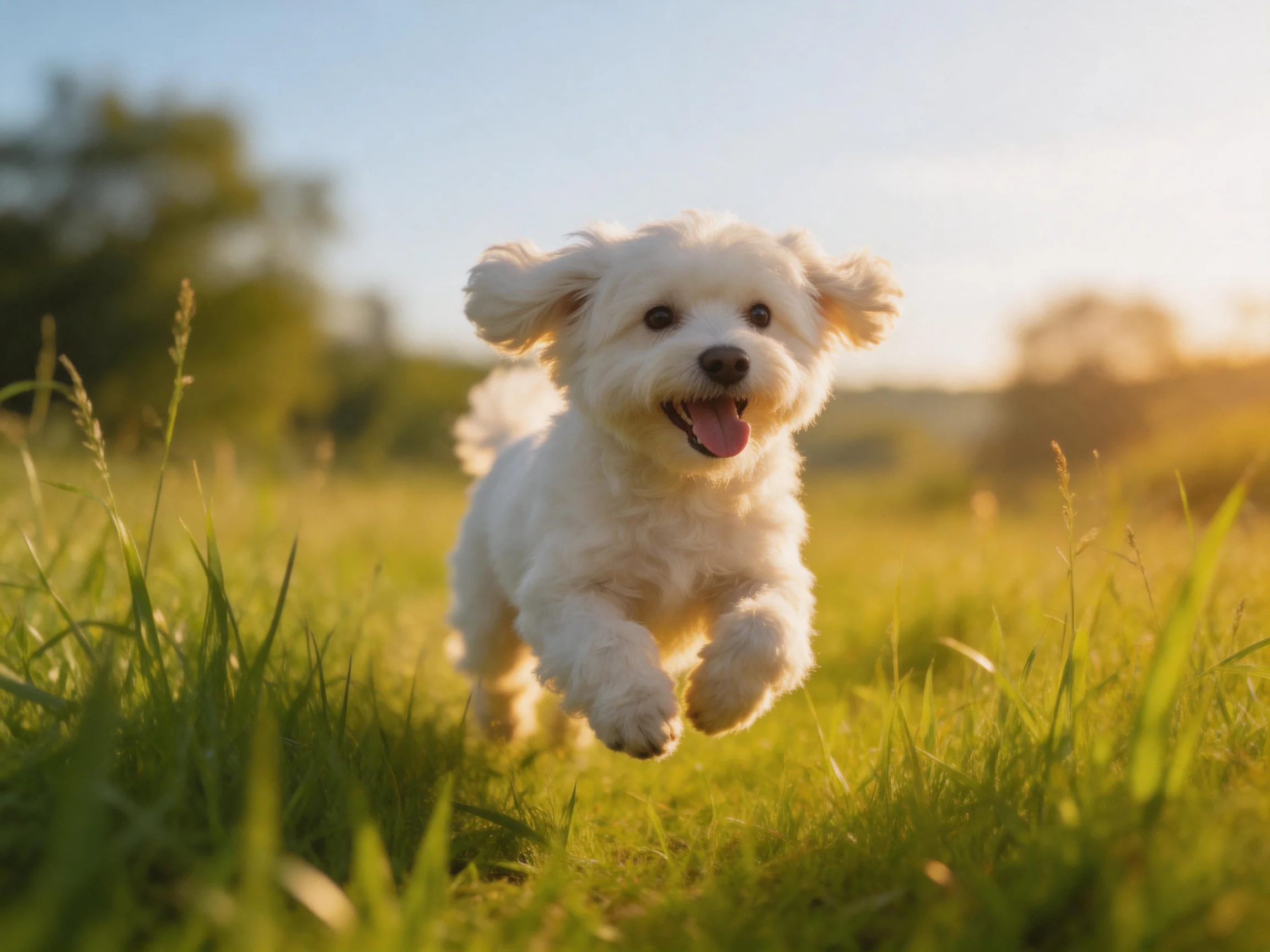 A joyful white puppy running through sunlit green meadow grass