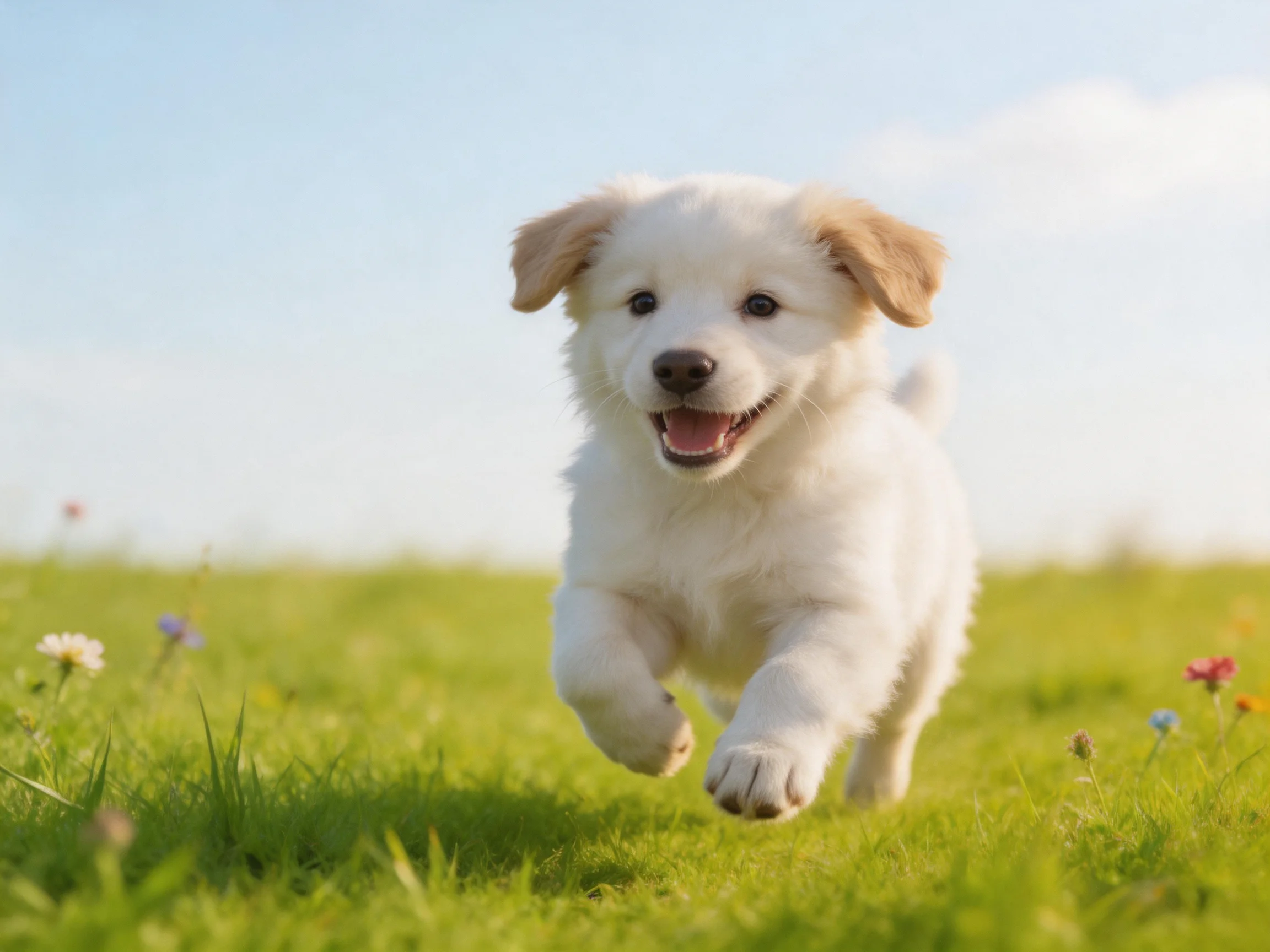 A joyful white puppy runs through a sunlit green meadow with colorful wildflowers
