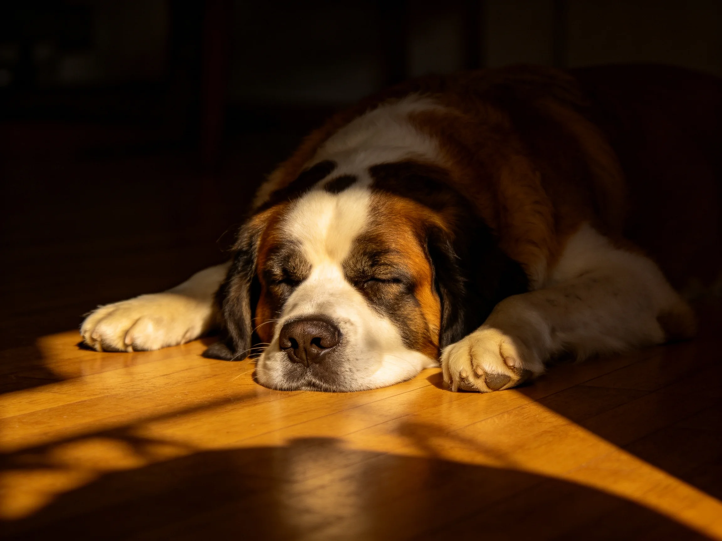 A large Saint Bernard rests on a polished wooden floor in warm sunlight