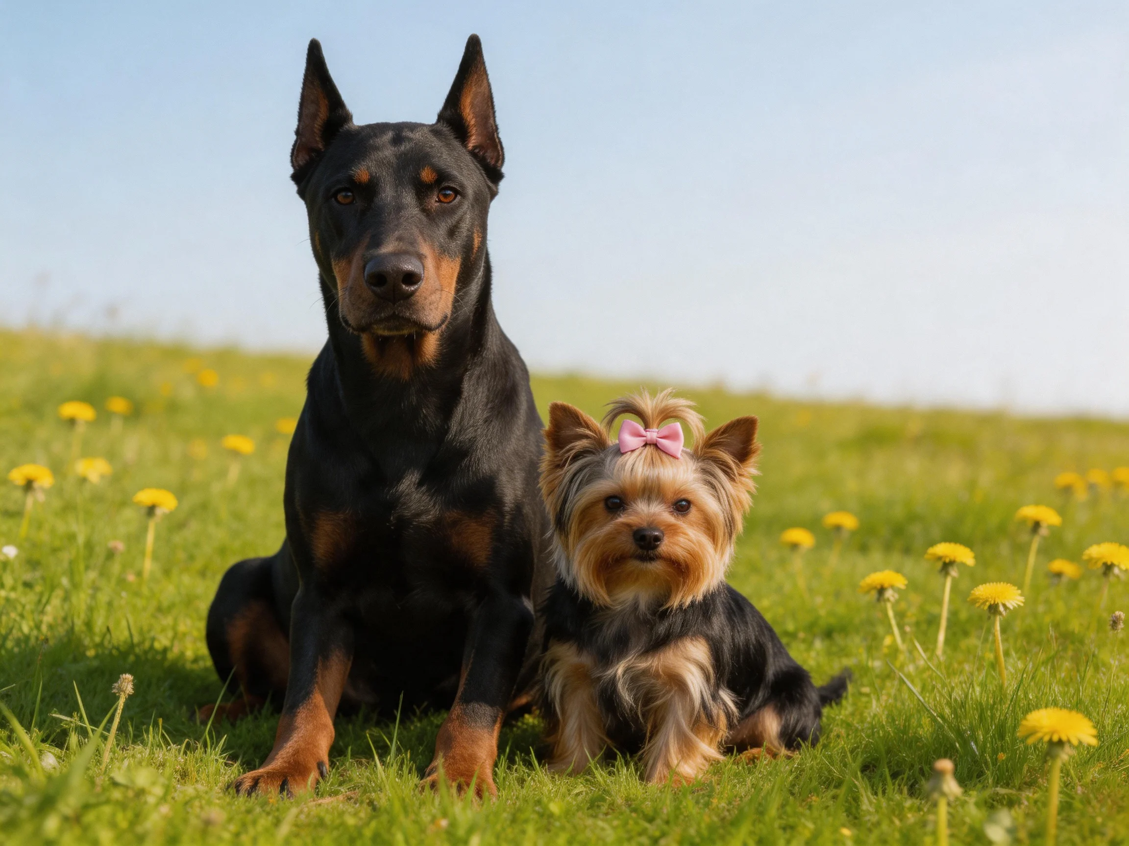 A large black dog and small Yorkshire Terrier rest together in a flower - filled meadow.