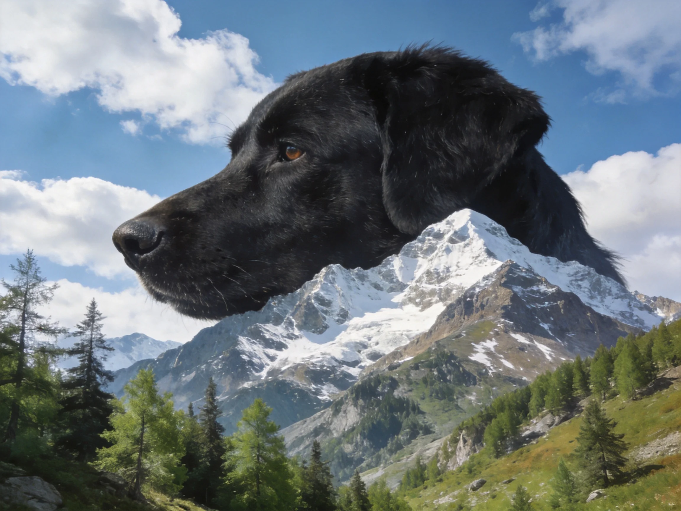 A black dogs head merges with a snowy mountain scene.