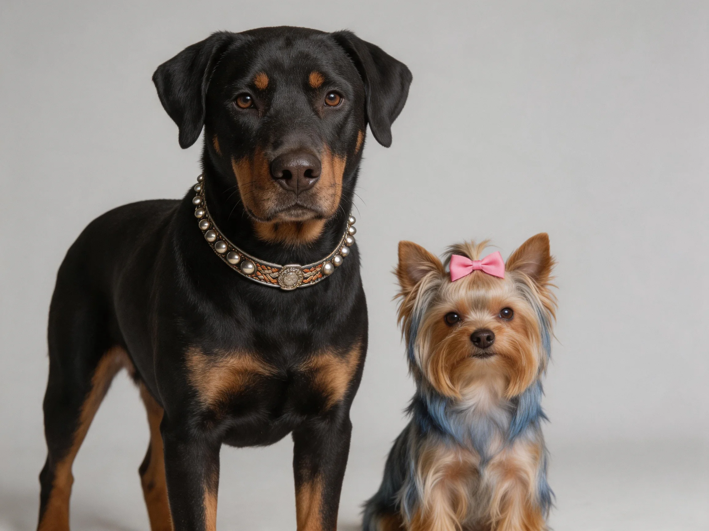 A large black and tan dog stands next to a small Yorkshire Terrier wearing a pink bow.