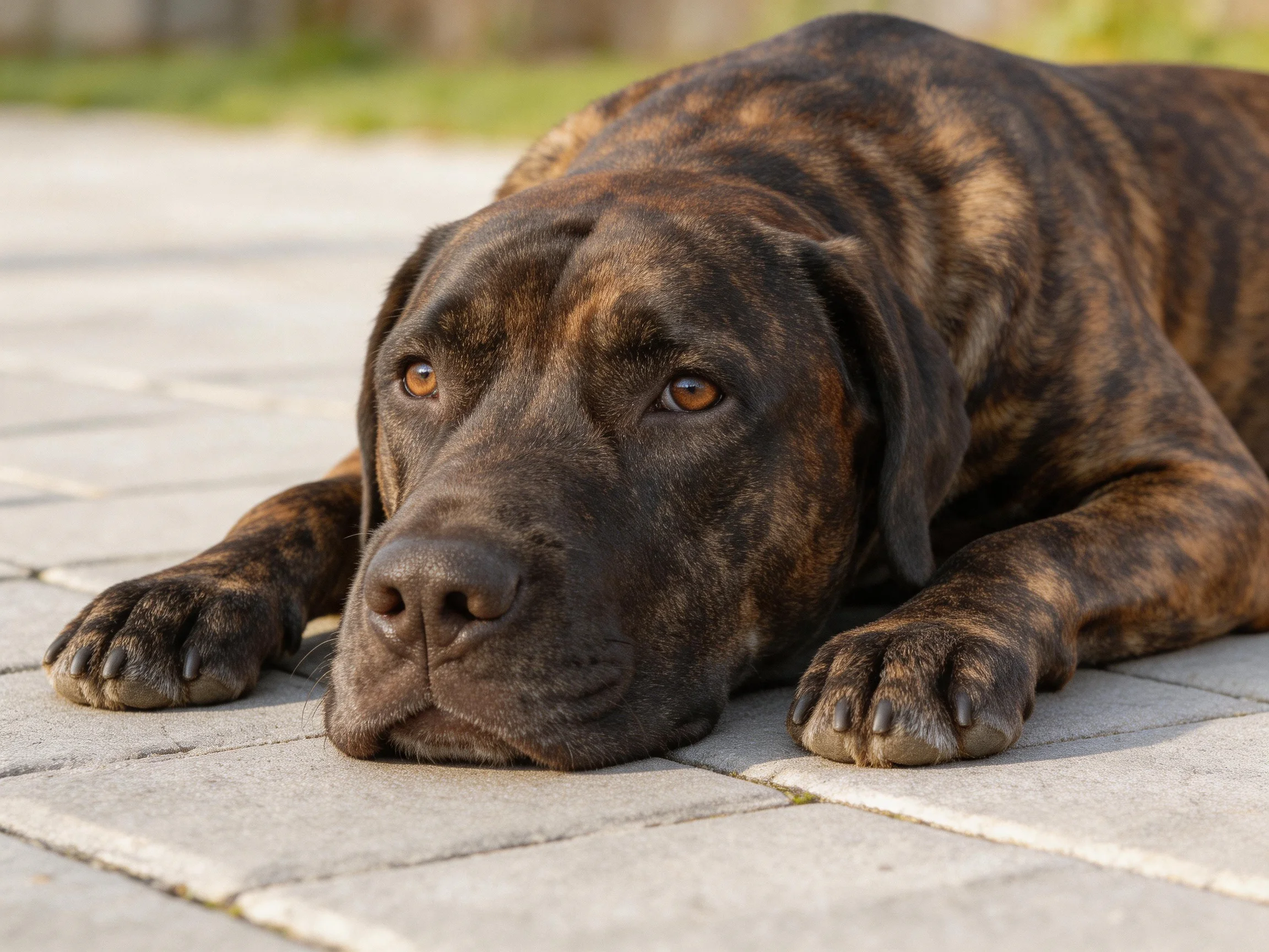 A large brindle-coated dog lies calmly on a paved patio.