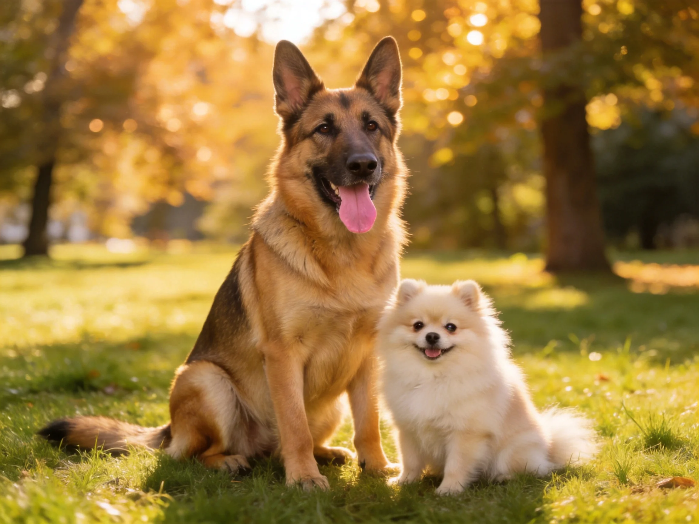 Two dogs of different sizes sit together in a sunlit park