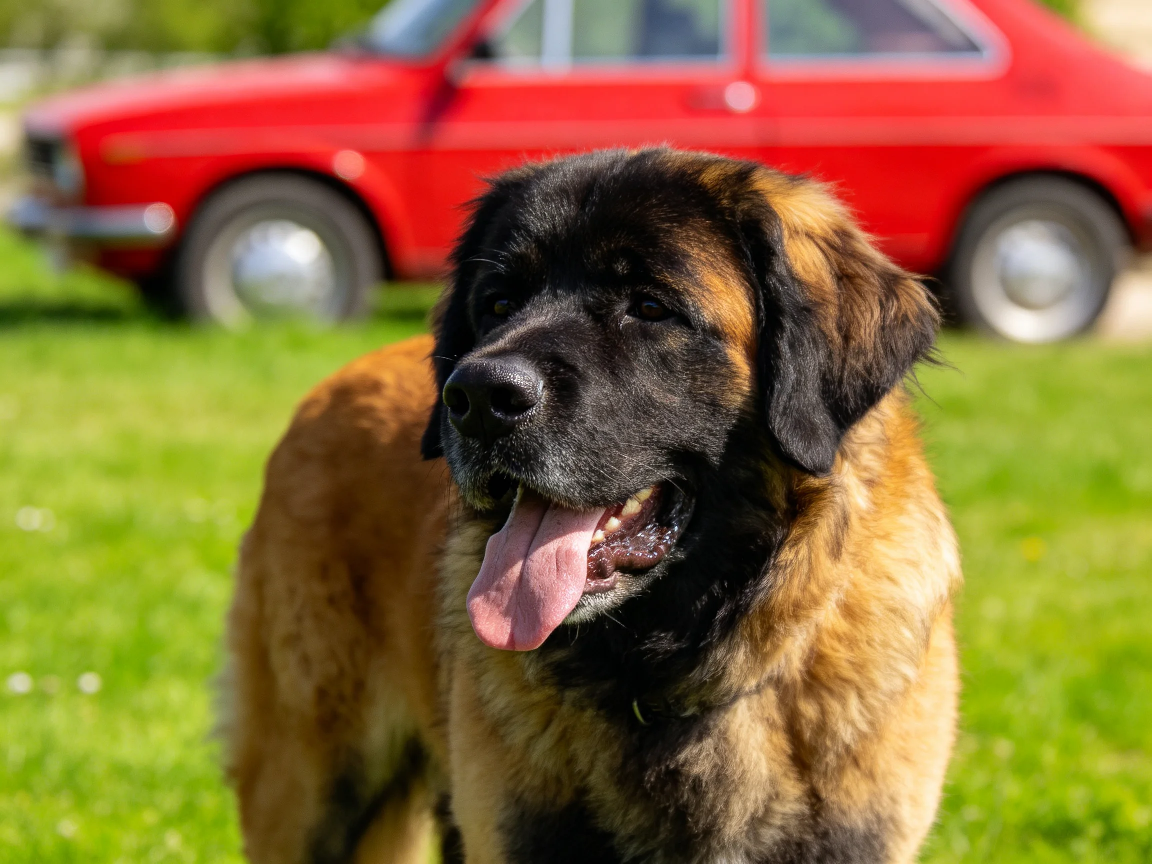 A large brown and black dog stands on green grass beside a red vintage car.
