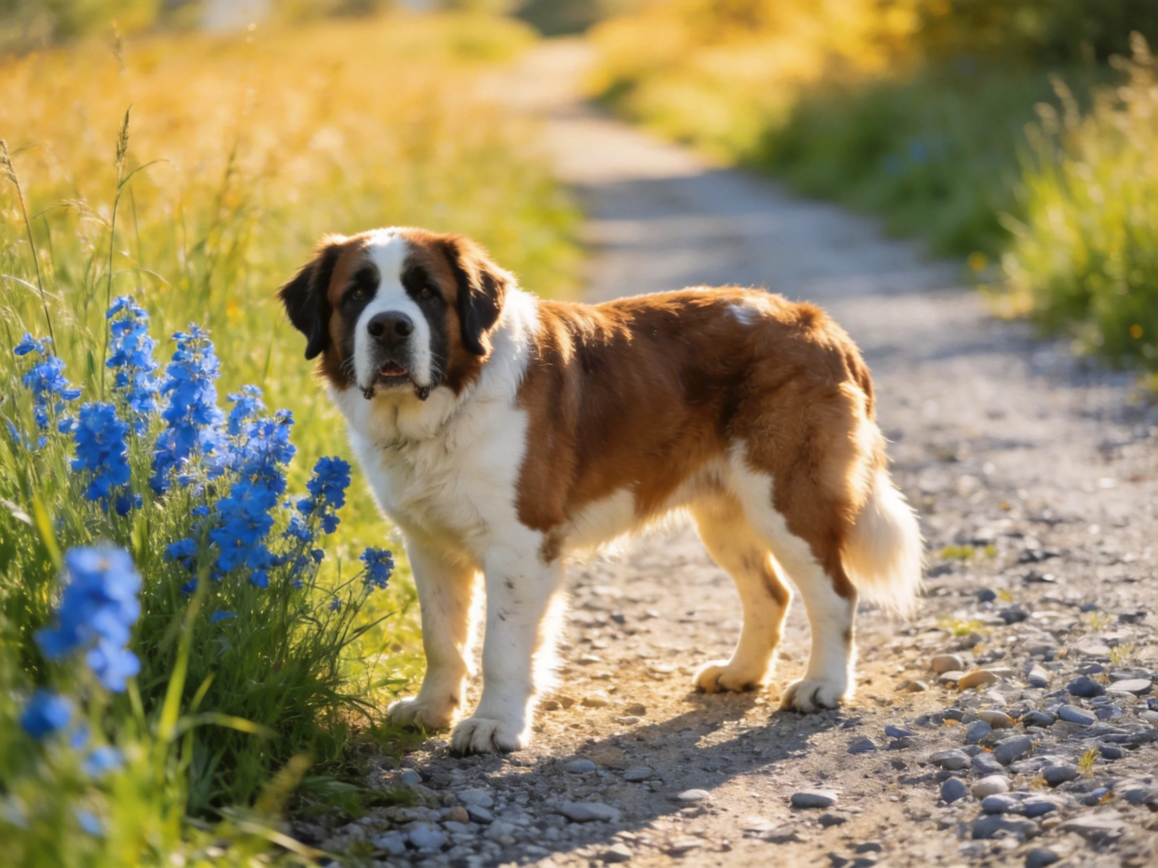 A large brown-and-white Saint Bernard near vivid blue wildflowers on a sunlit dirt path