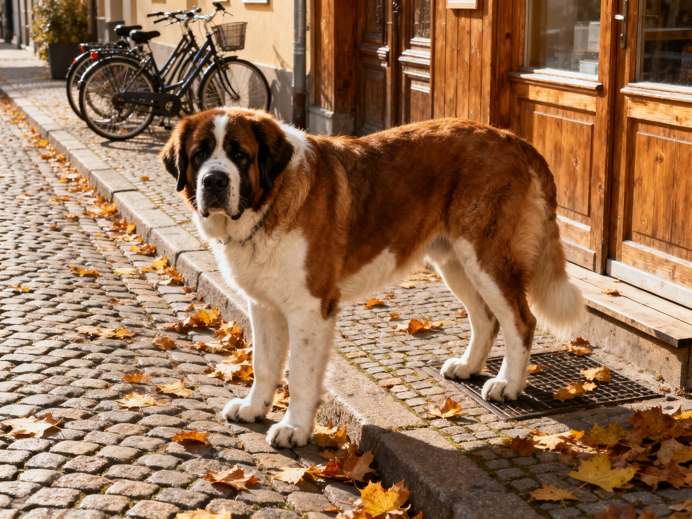 A large brown and white St Bernard stands near an old wooden storefront with fallen autumn leaves