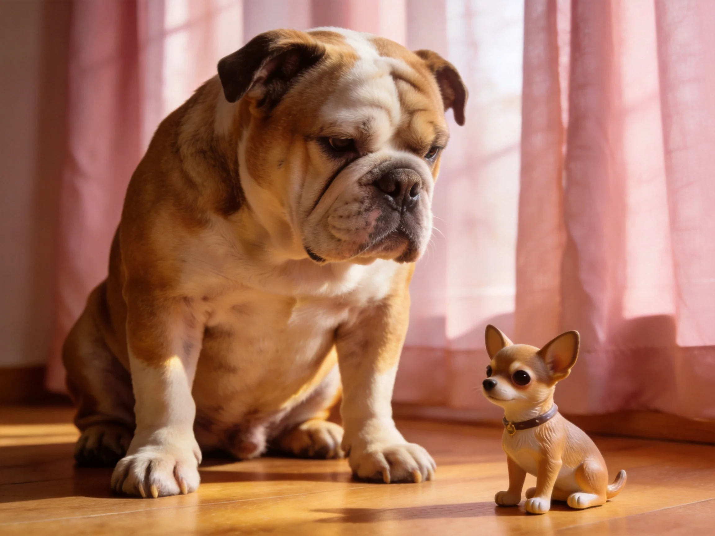A large brown bulldog sits beside a tiny tan dog figurine by pink curtains