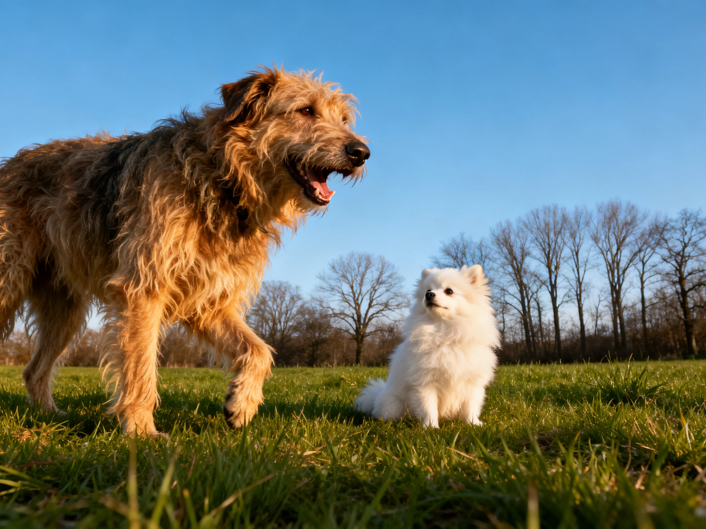 Two dogs of different sizes interact on a grassy field under a clear blue sky.
