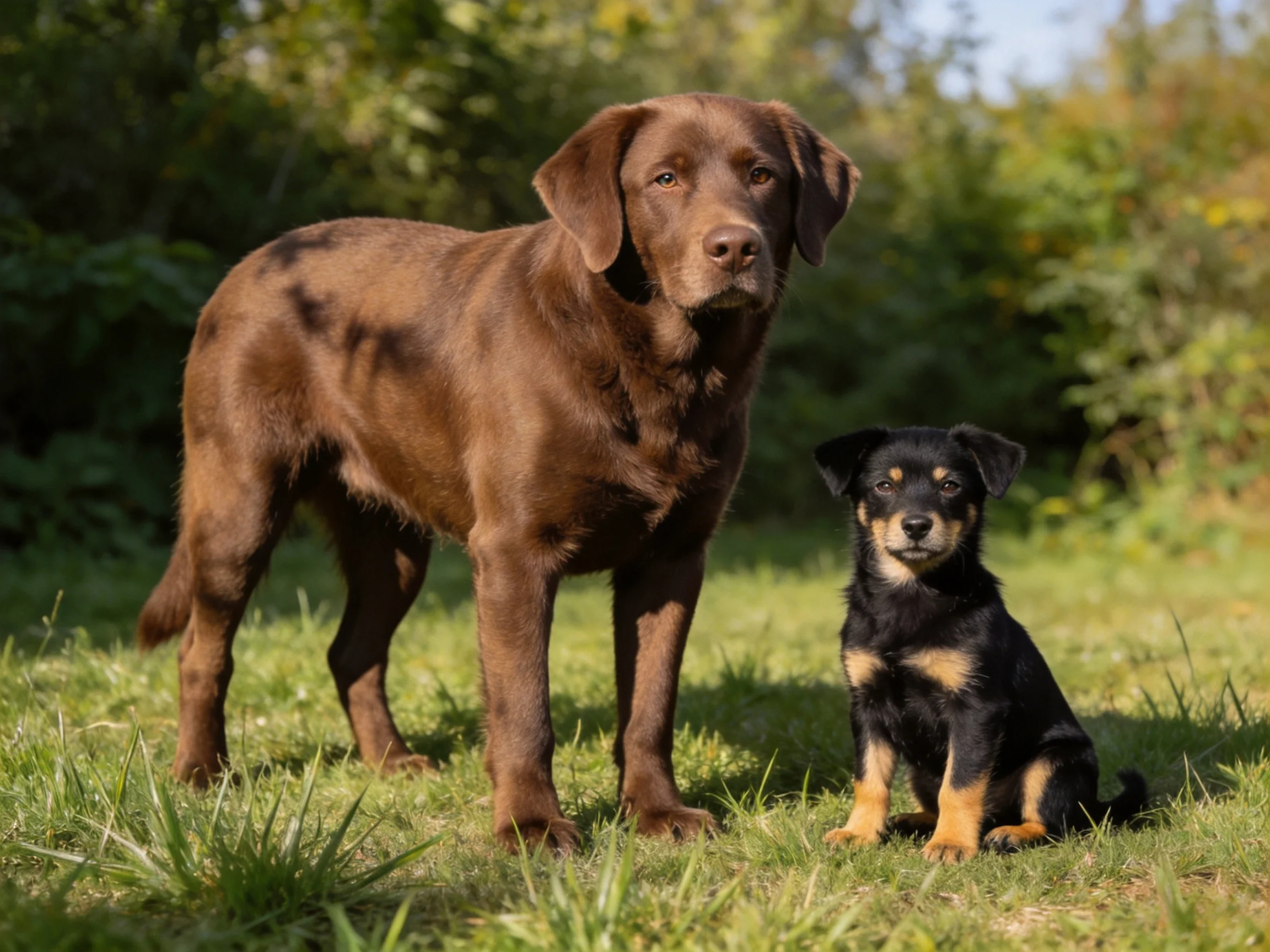 Two dogs—one large brown, one small black-tan—are together in a sunlit grassy outdoor area.
