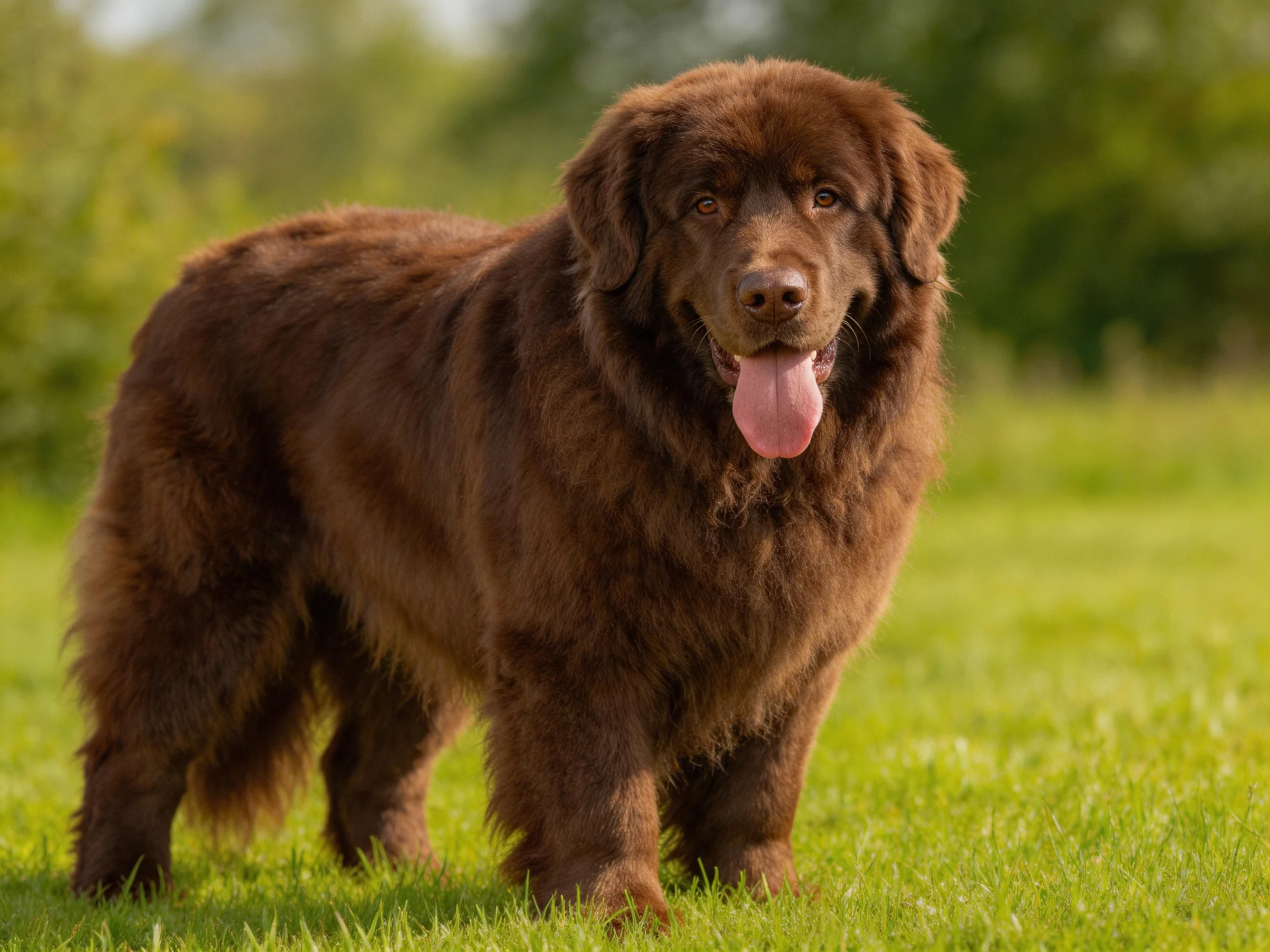 A large brown dog stands contentedly on lush green grass.