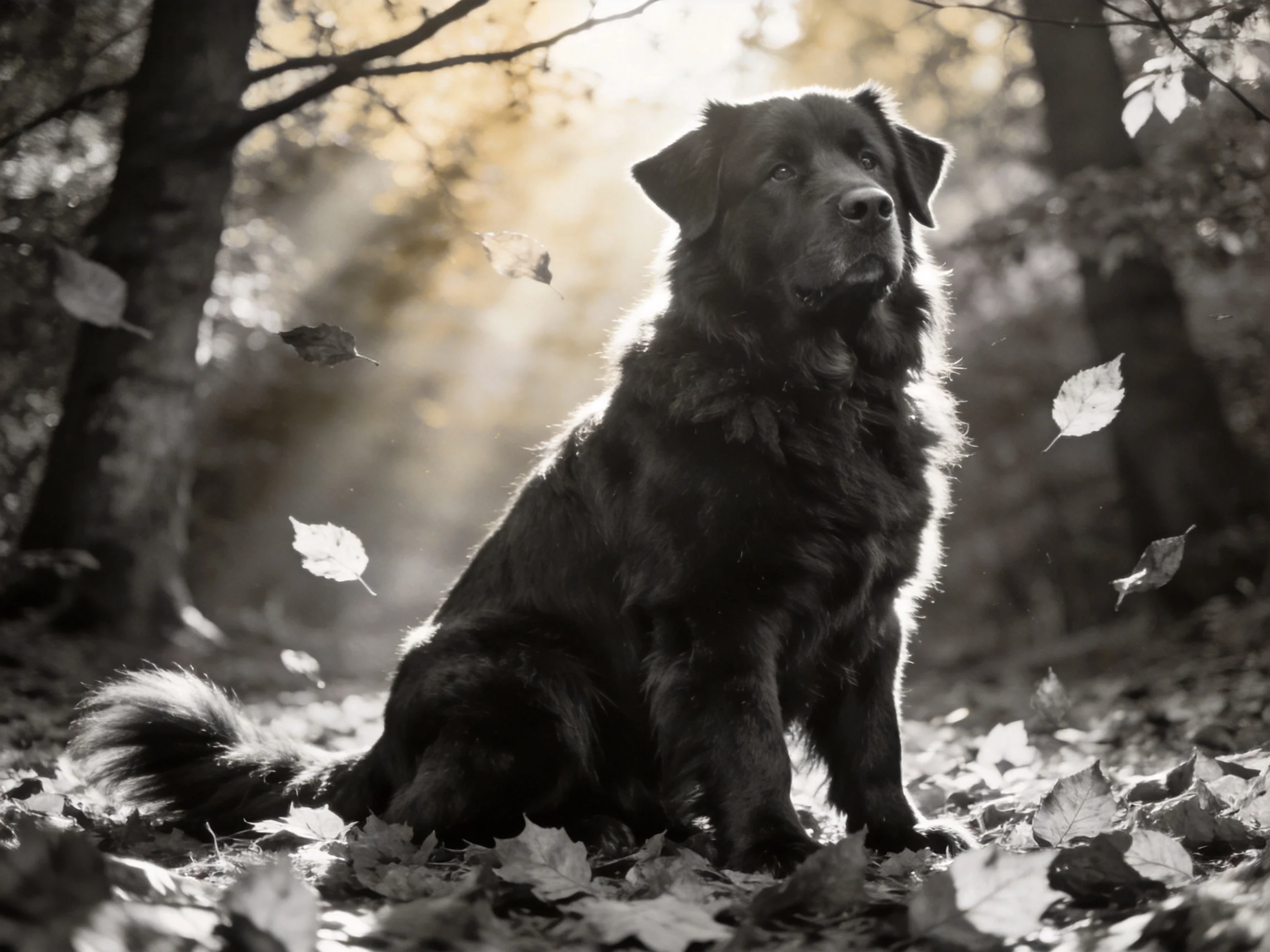A dog sits calmly among falling leaves in a sun-drenched forest.