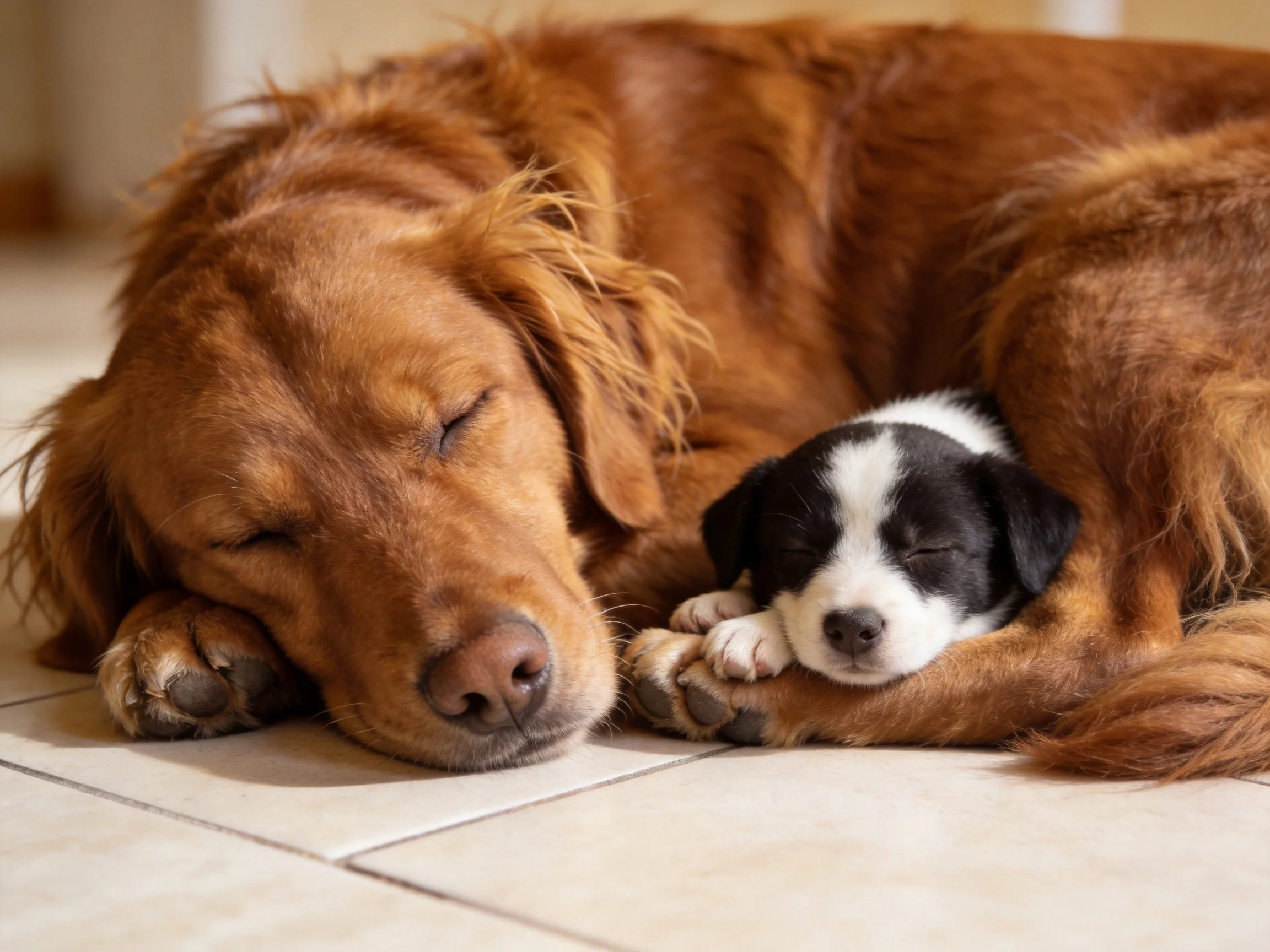 A large golden retriever and small black - white puppy sleep together on a tiled floor