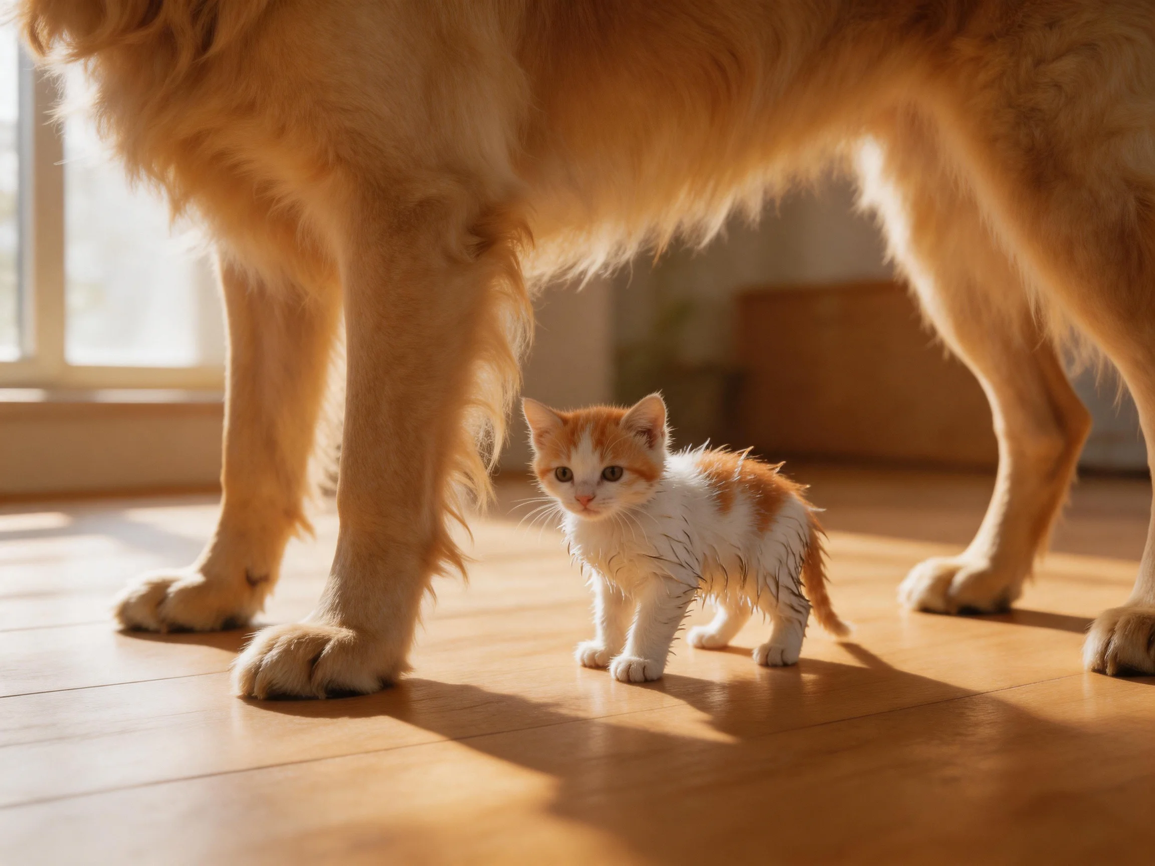 A large golden retriever stands beside a small orange kitten on a wooden floor in sunlight.